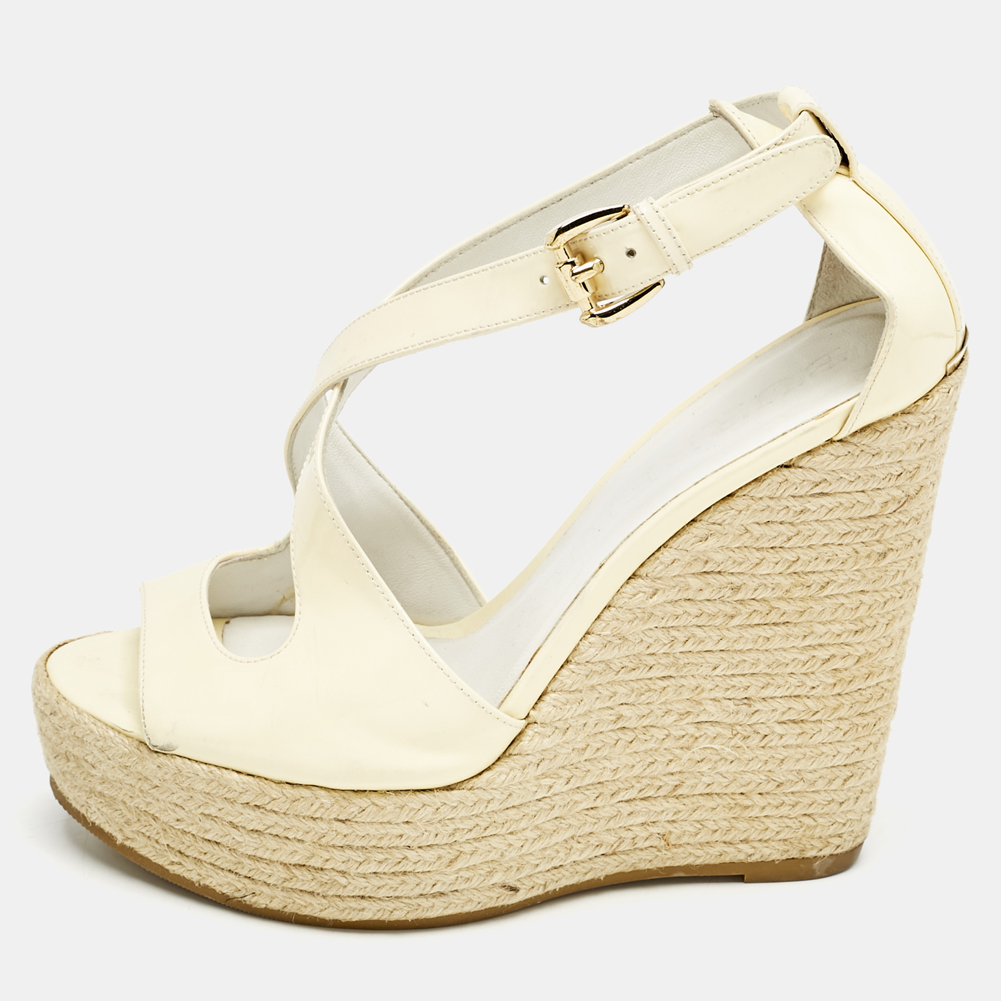 

Burberry Cream Patent Peep Toe Wedge Espadrilles Sandals Size