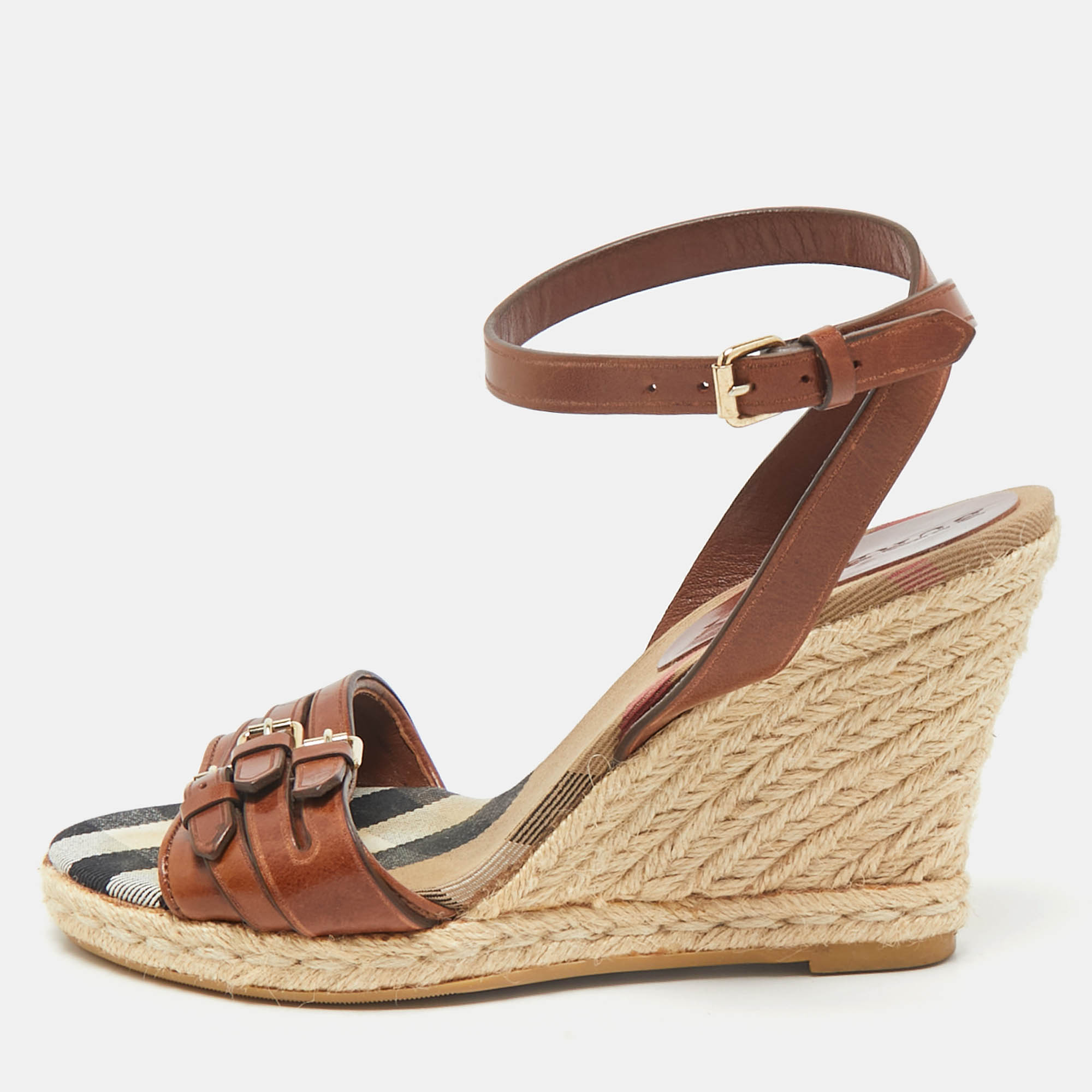 

Burberry Brown Leather Nova Check Wedge Sandals Size