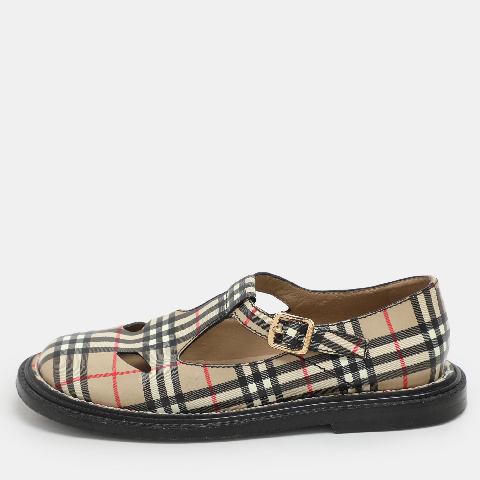 

Burberry Beige Vintage Check Leather T-Bar Shoes Size