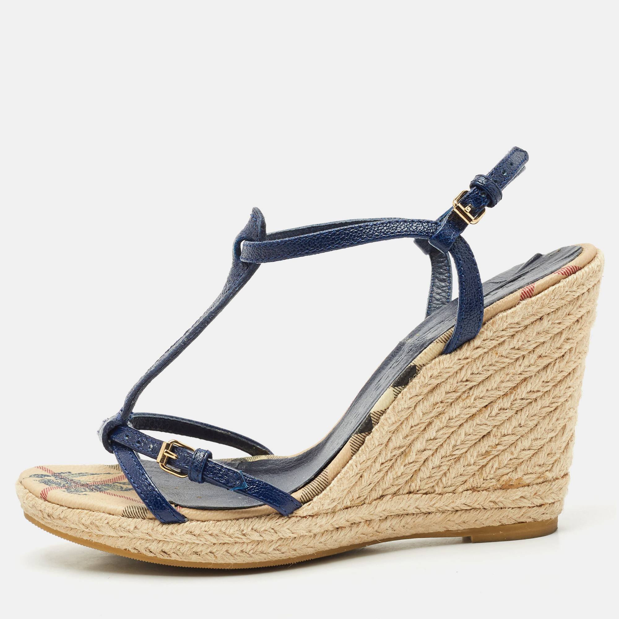 

Burberry Navy Blue Leather Espadrille Wedge Sandals Size
