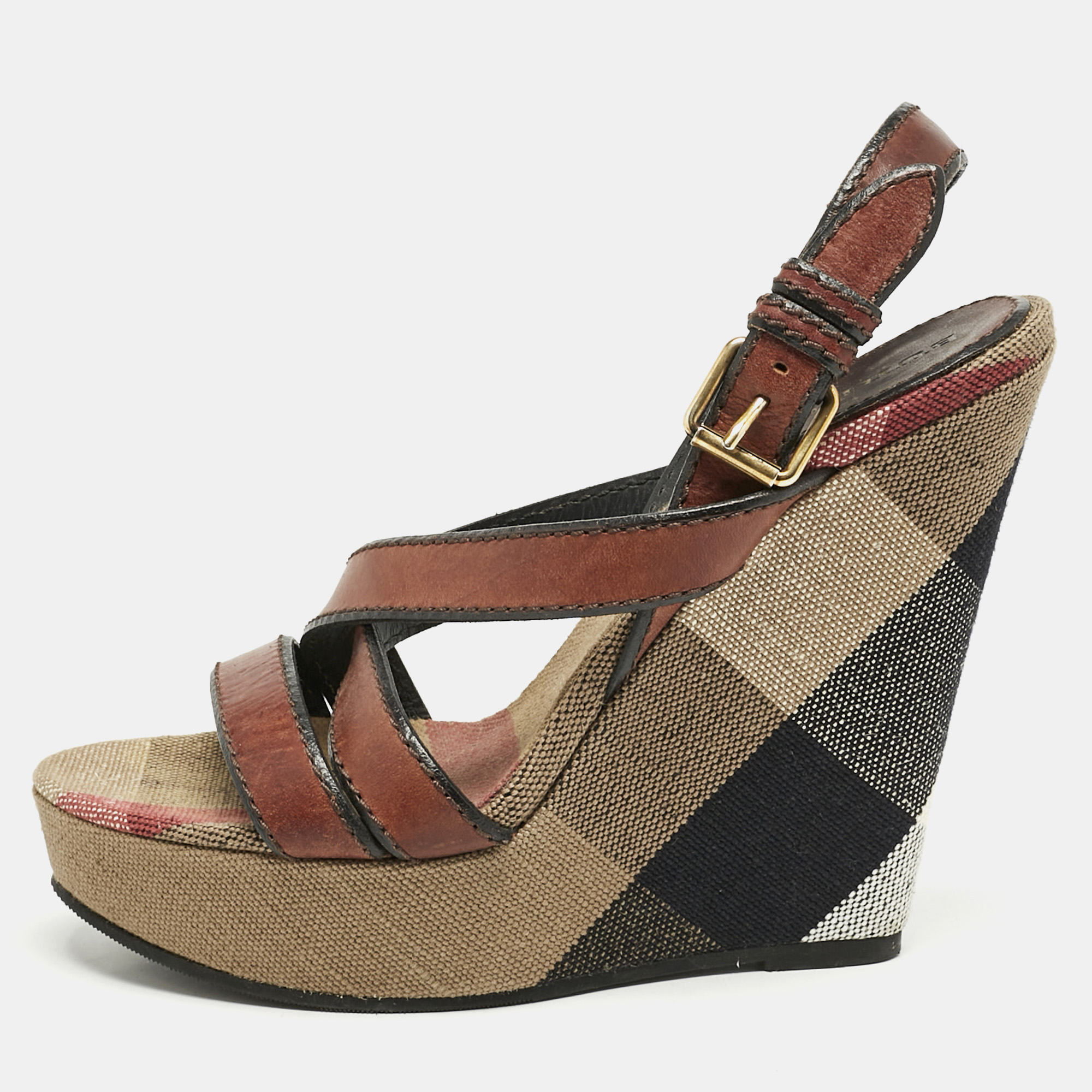 

Burberry Brown Leather and Nova Check Canvas Wedge Sandals Size