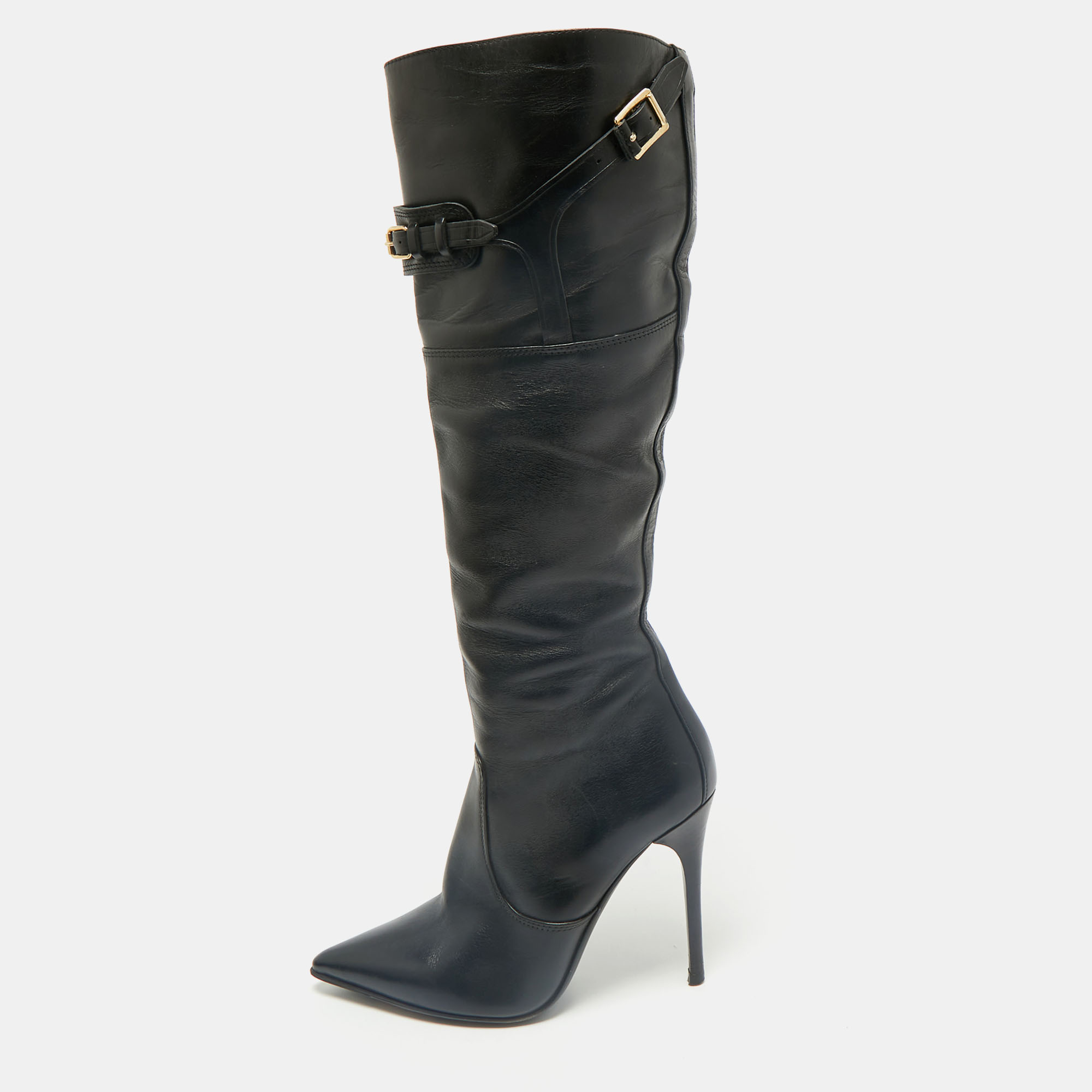 

Burberry Black Leather Buckle Pointed Toe Knee Length Boots Size