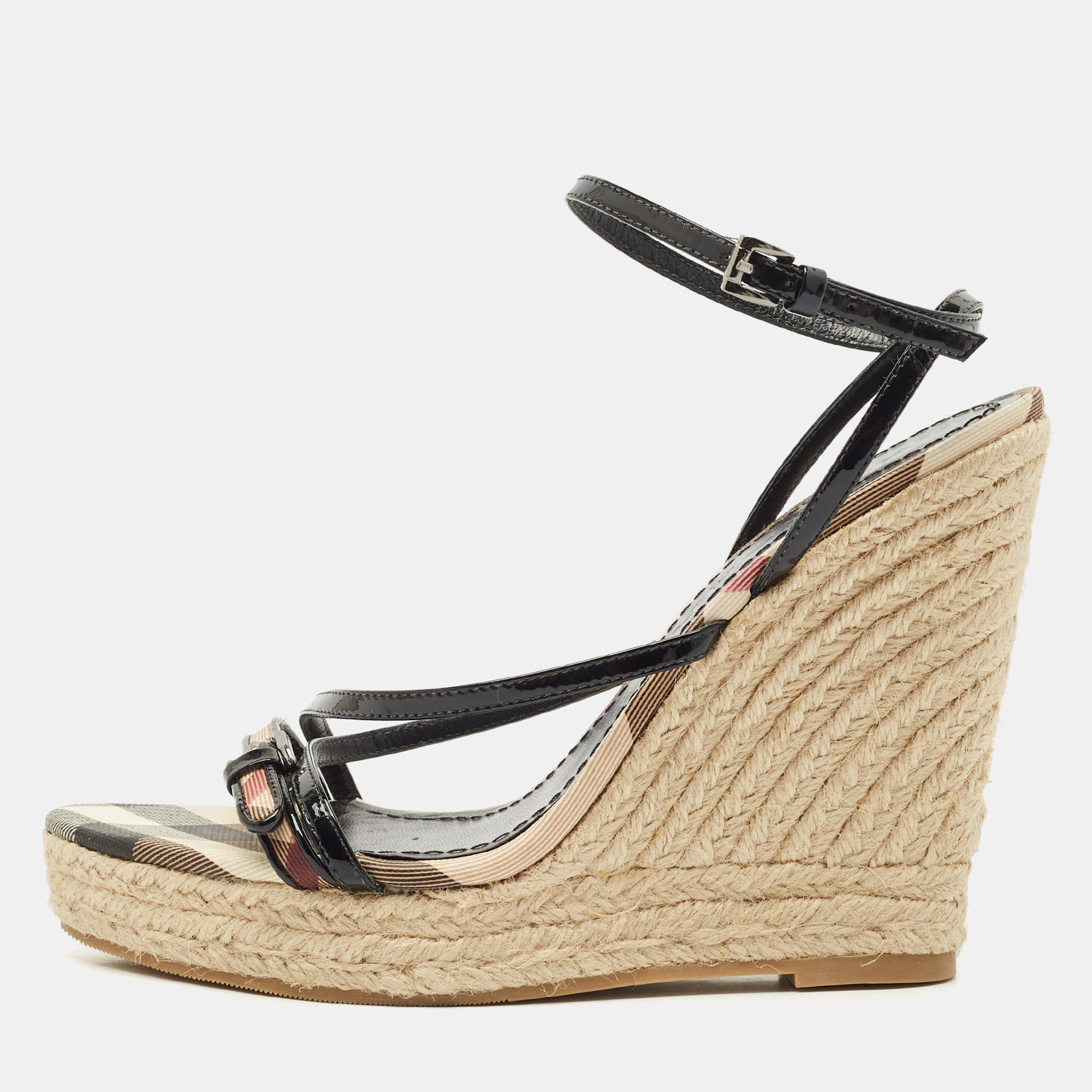 Burberry Beige/Black Check Patent Leather and Canvas Espadrille Wedge Sandals Size 38