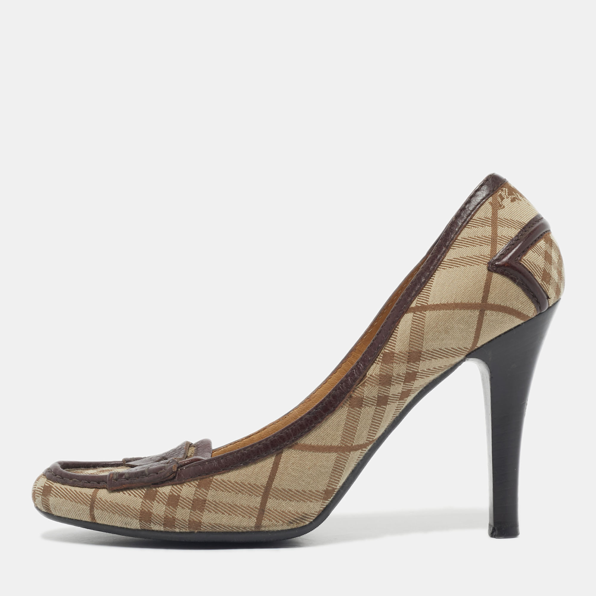 Pre-owned Burberry Beige/brown Canvas And Leather Loafer Pumps Size 39.5