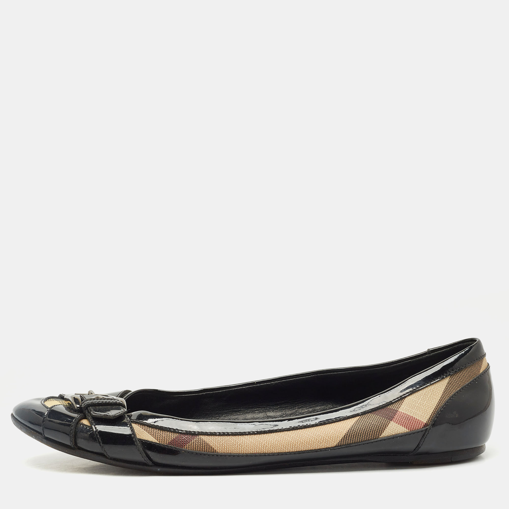 Pre-owned Burberry Black/beige Nova Check Pvc And Patent Leather Buckle Ballet Flats Size 41
