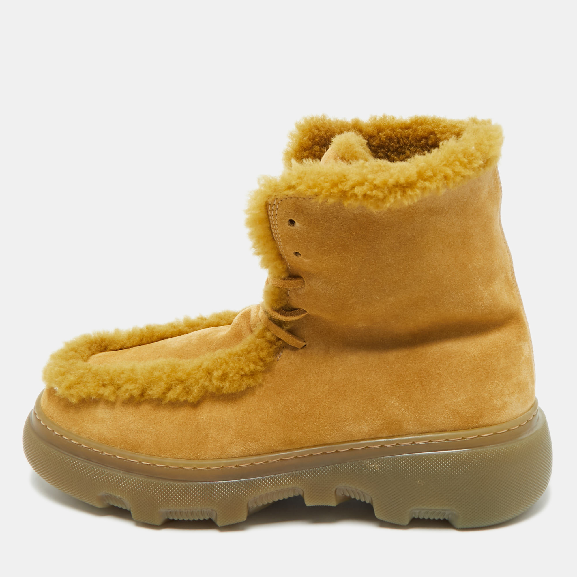 Pre-owned Burberry Green Shearling And Suede Chugga Ankle Length Boots Size 40