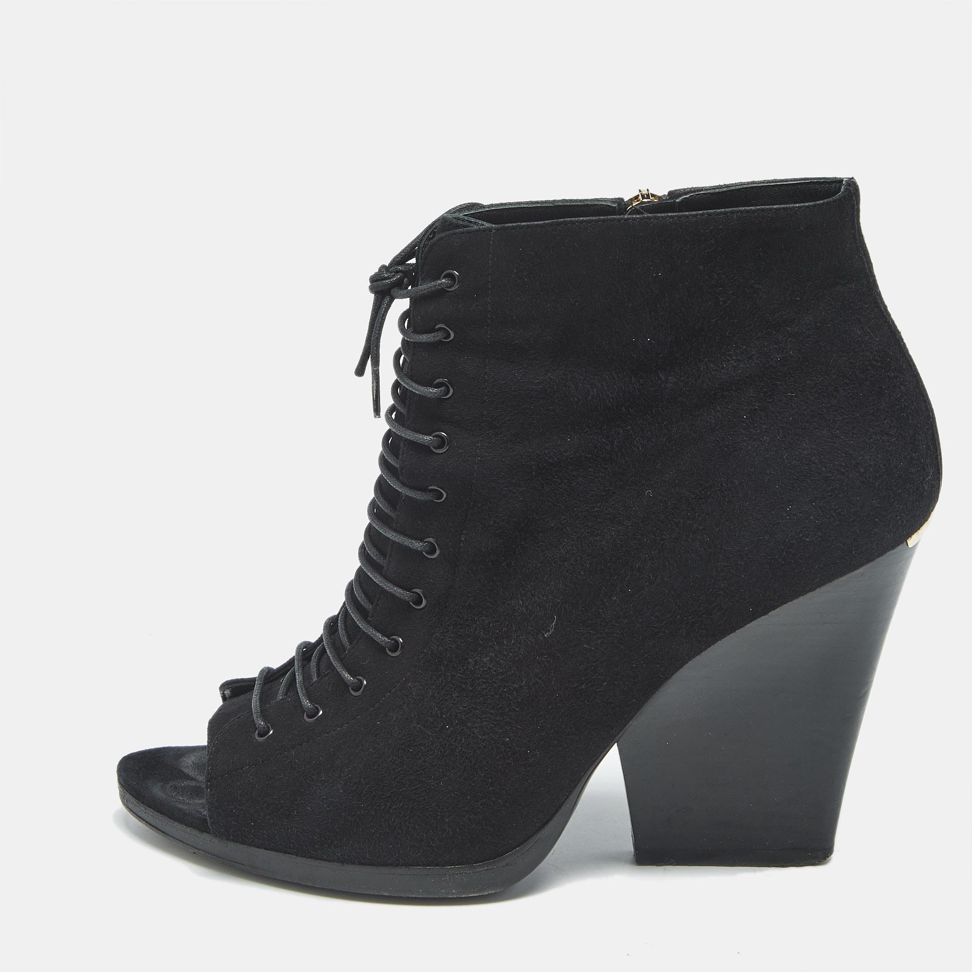 Pre-owned Burberry Black Suede Peep Toe Lace Up Booties Size 39