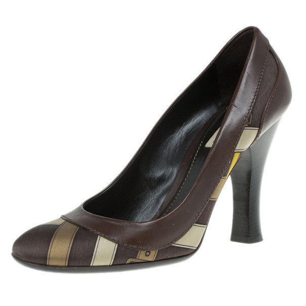 Pre Owned Burberry Brown Printed Silk and Leather Pumps Size 38