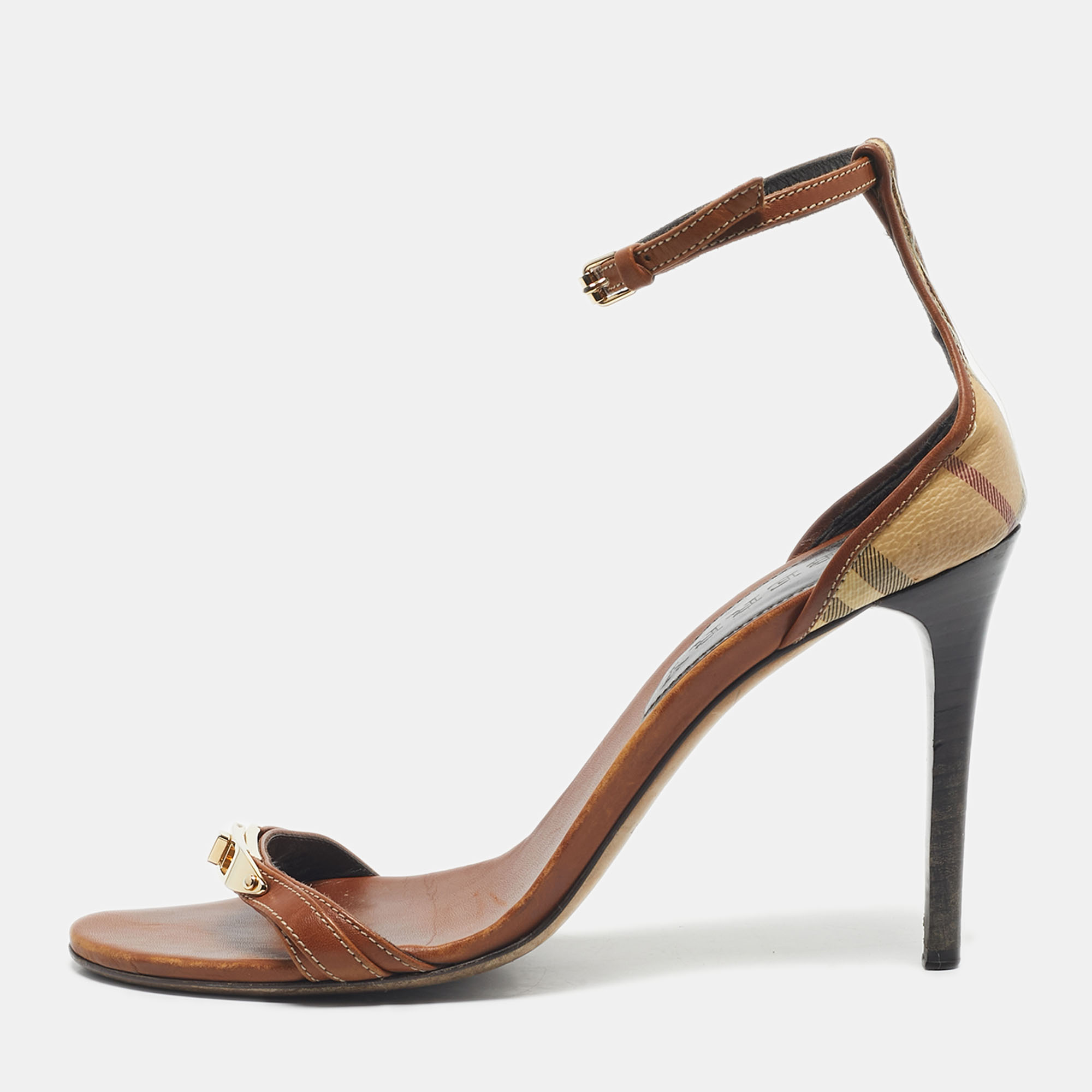 Pre-owned Burberry Brown/beige House Check Canvas And Leather Ankle Strap Sandals Size 40