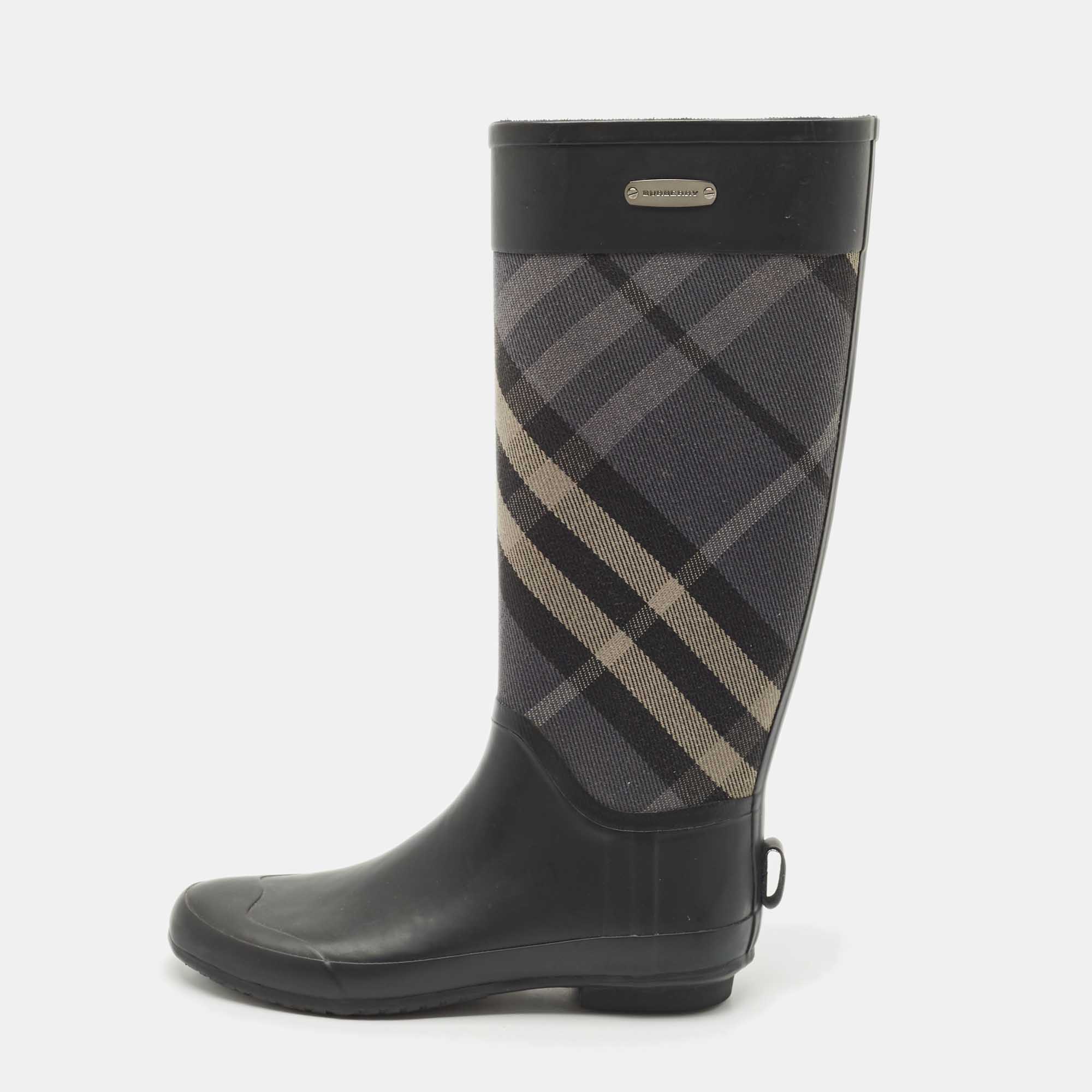 Pre-owned Burberry Multicolor Canvas And Rubber Clemence Rain Boots Size 39