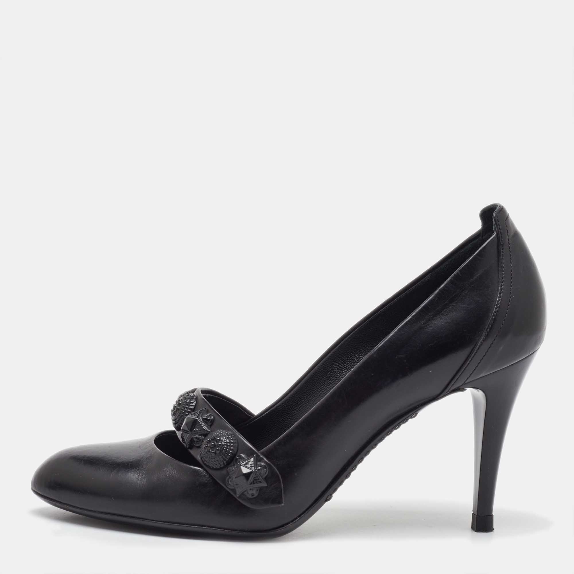 Pre-owned Burberry Black Leather Embellished Mary Jane Pumps Size 38