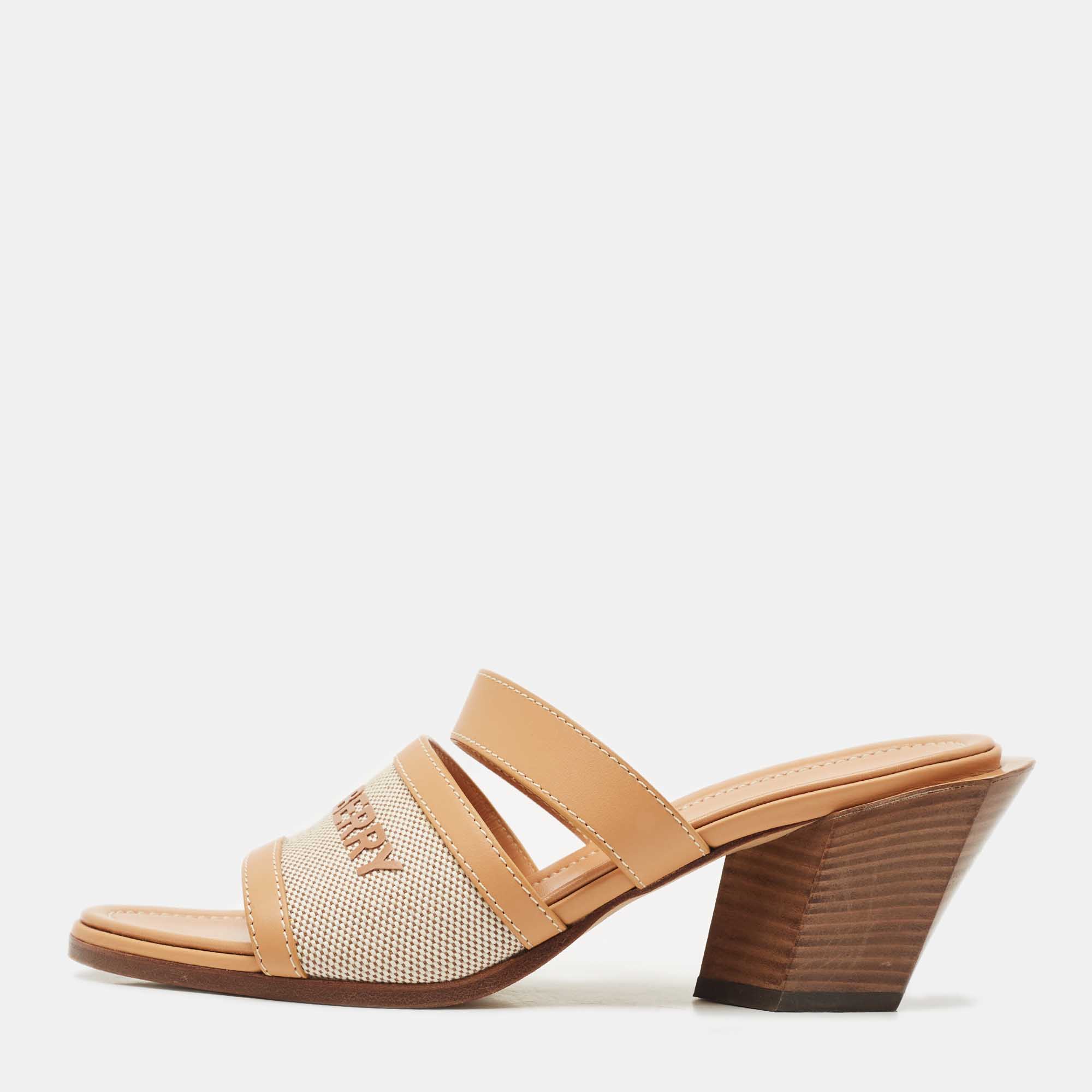 Pre-owned Burberry Tan Fabric And Leather Slide Sandals Size 38 In Brown