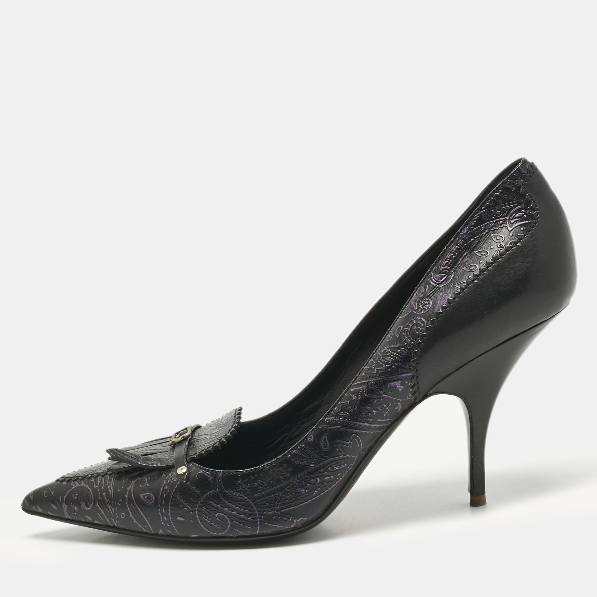 

Burberry Black/Purple Leather Fringe Slip On Pumps Size