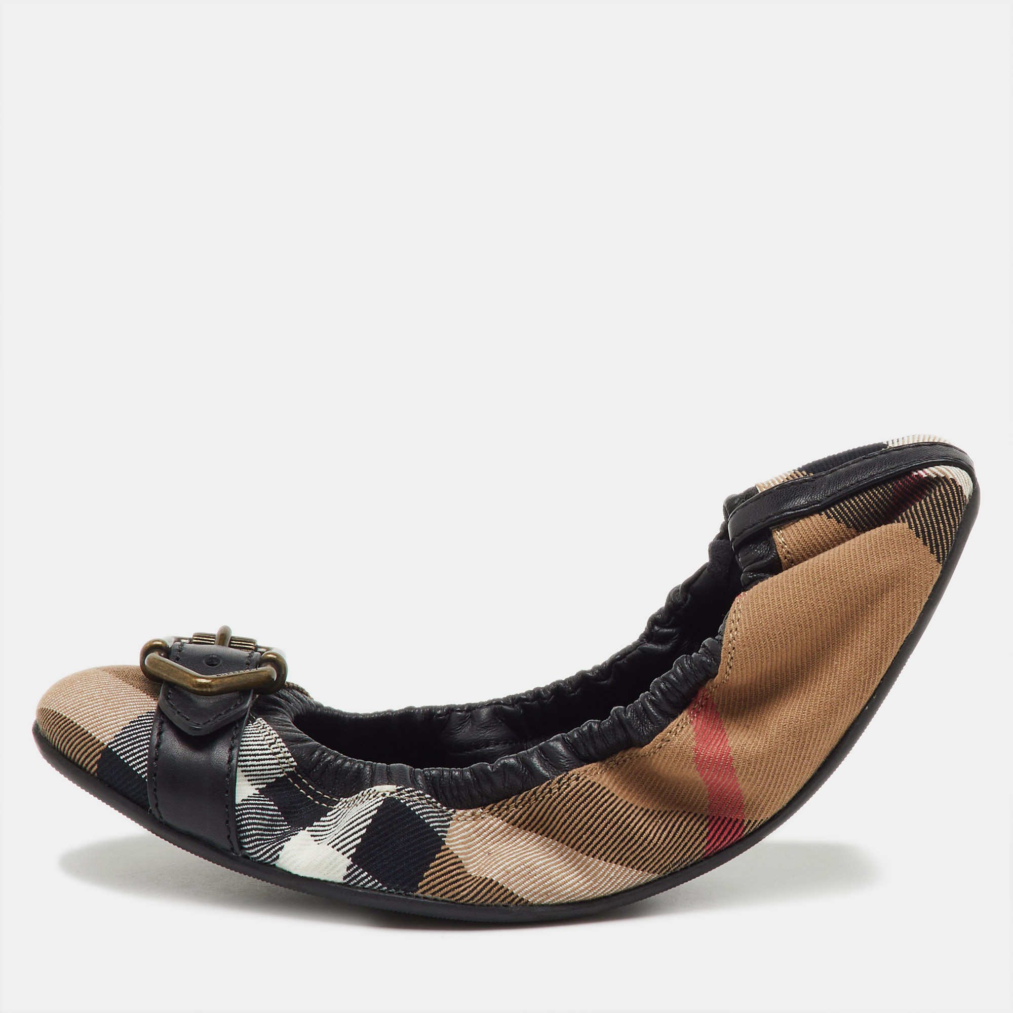 

Burberry Multicolor Nova Check Fabric and Leather Buckle Scrunch Ballet Flats Size