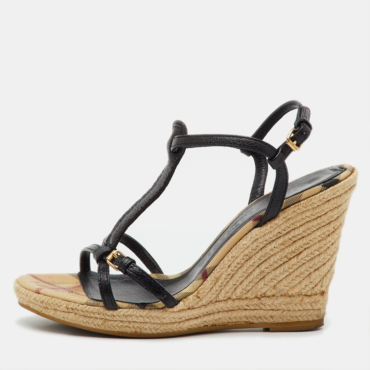 Pre-owned Burberry Beige/black Leather And Haymarket Check Coated Canvas Espadrille Wedge Sandals Size 38