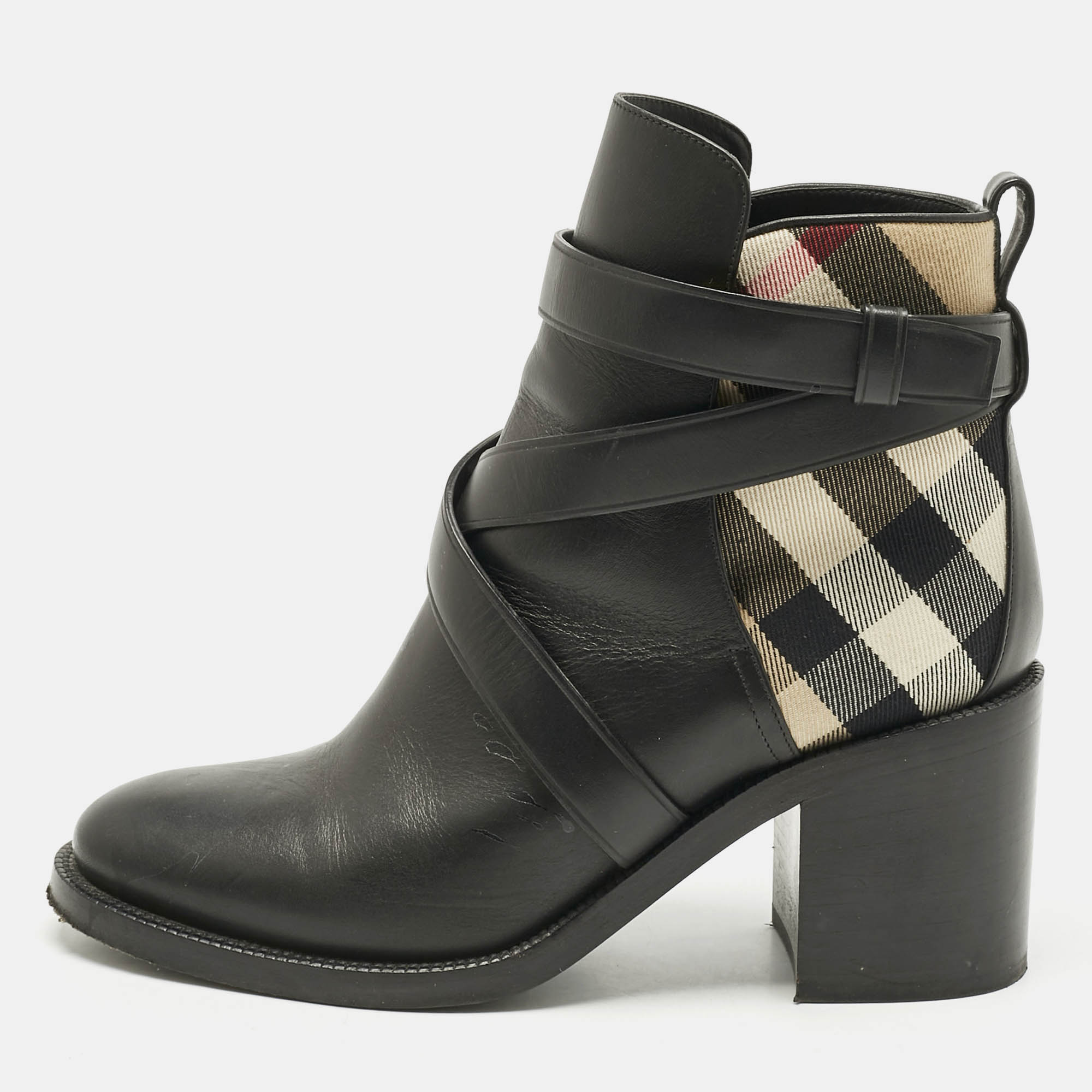 

Burberry Black/Beige Check Canvas and Leather Ankle Length Boots Size