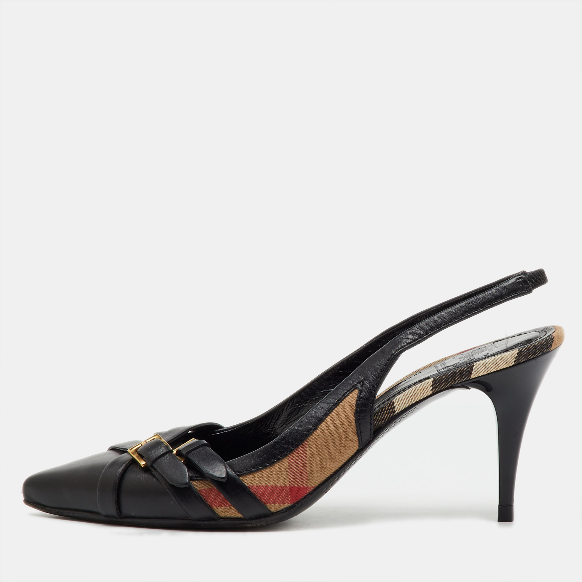 

Burberry Black Leather And Nova Check Canvas Buckle Slingback Pumps Size