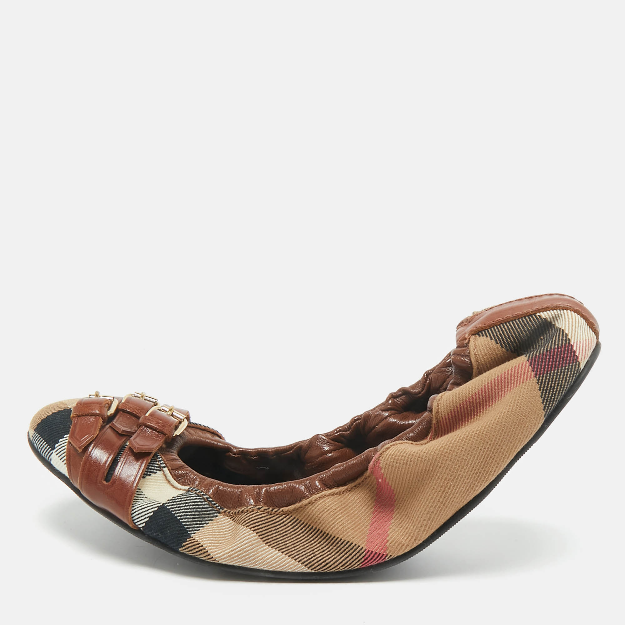 Burberry Multicolor Nova Check Canvas and Leather Buckle Scrunch Ballet Flats Size 38