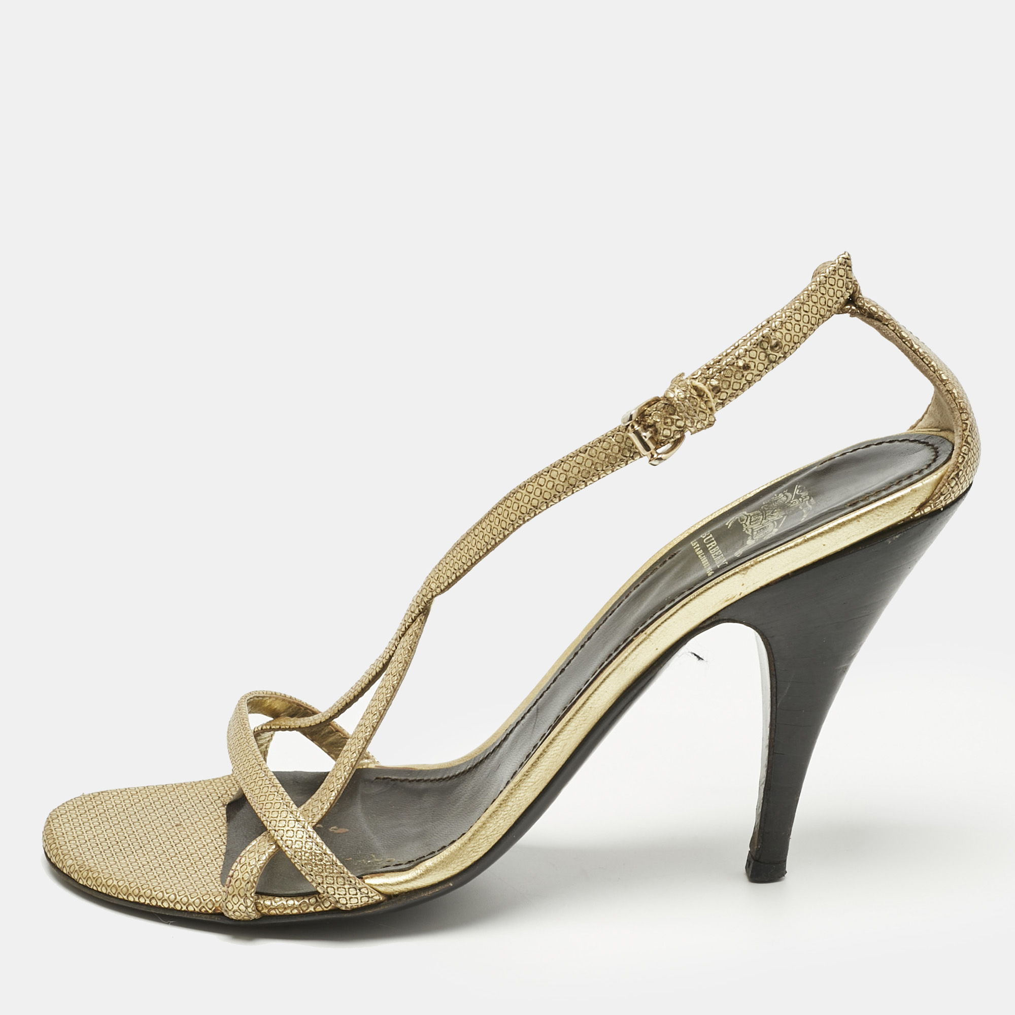 Burberry Gold Textured Leather Criss Cross Ankle Strap Sandals Size 37