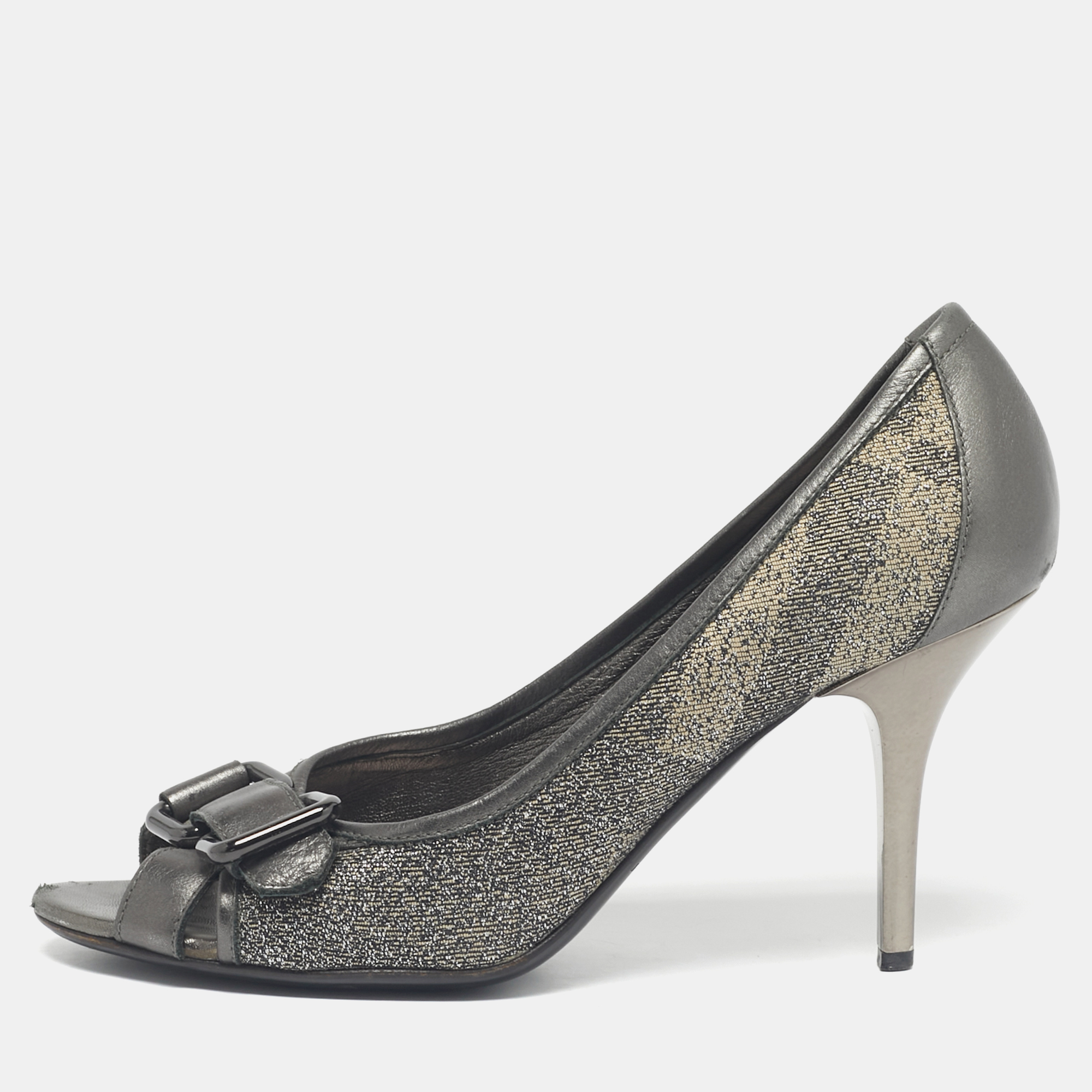 Pre-owned Burberry Grey/beige Canvas And Leather Buckle Peep Toe Pumps Size 37 In Gray