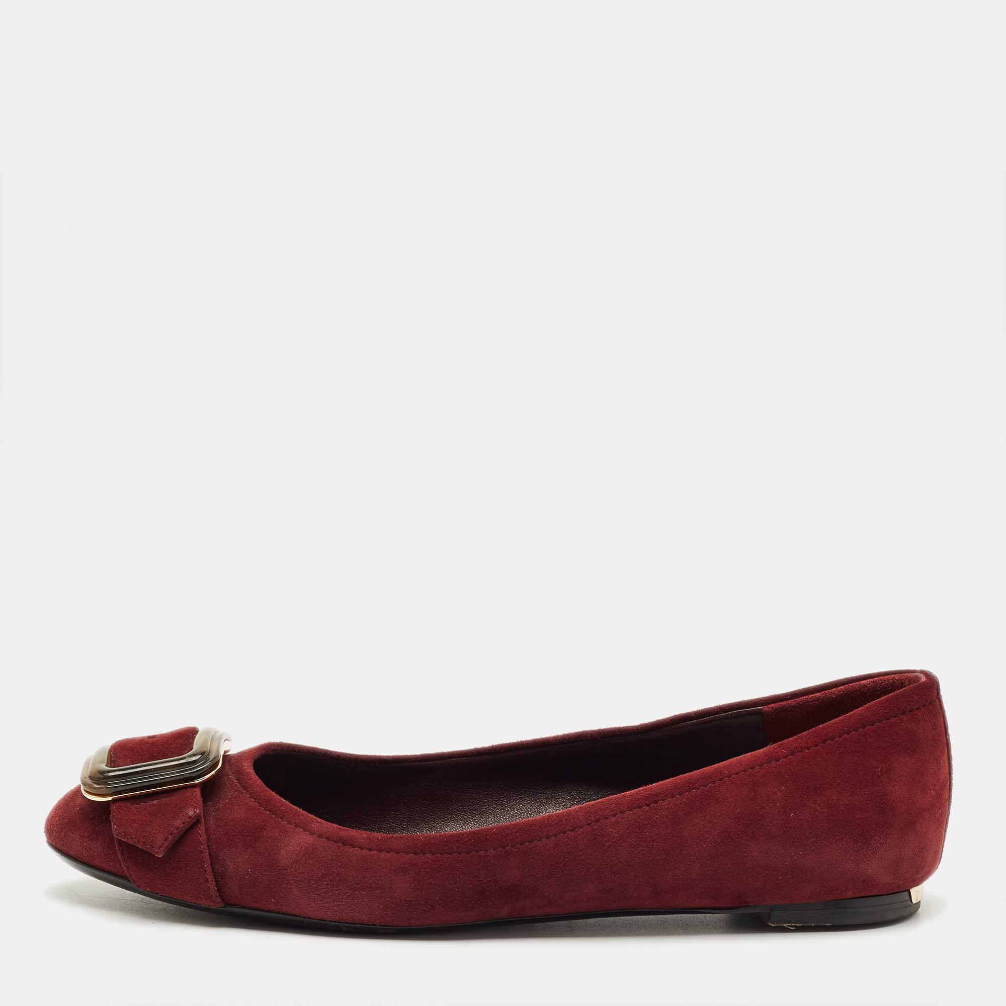 Pre-owned Burberry Burgundy Suede Keswick Buckle Ballet Flats Size 39