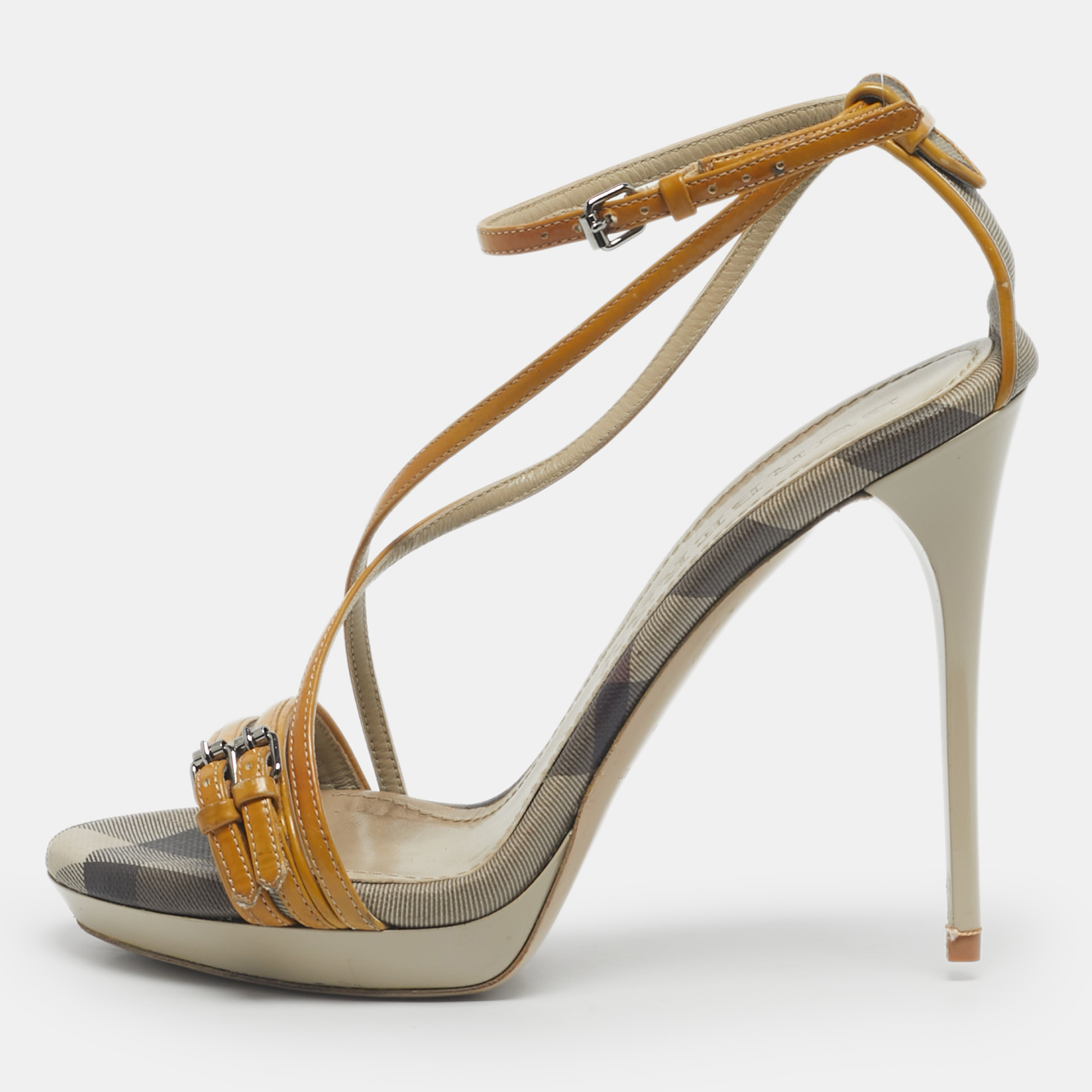 Pre-owned Burberry Yellow House Check Canvas And Leather Ankle Strap Sandals Size 38