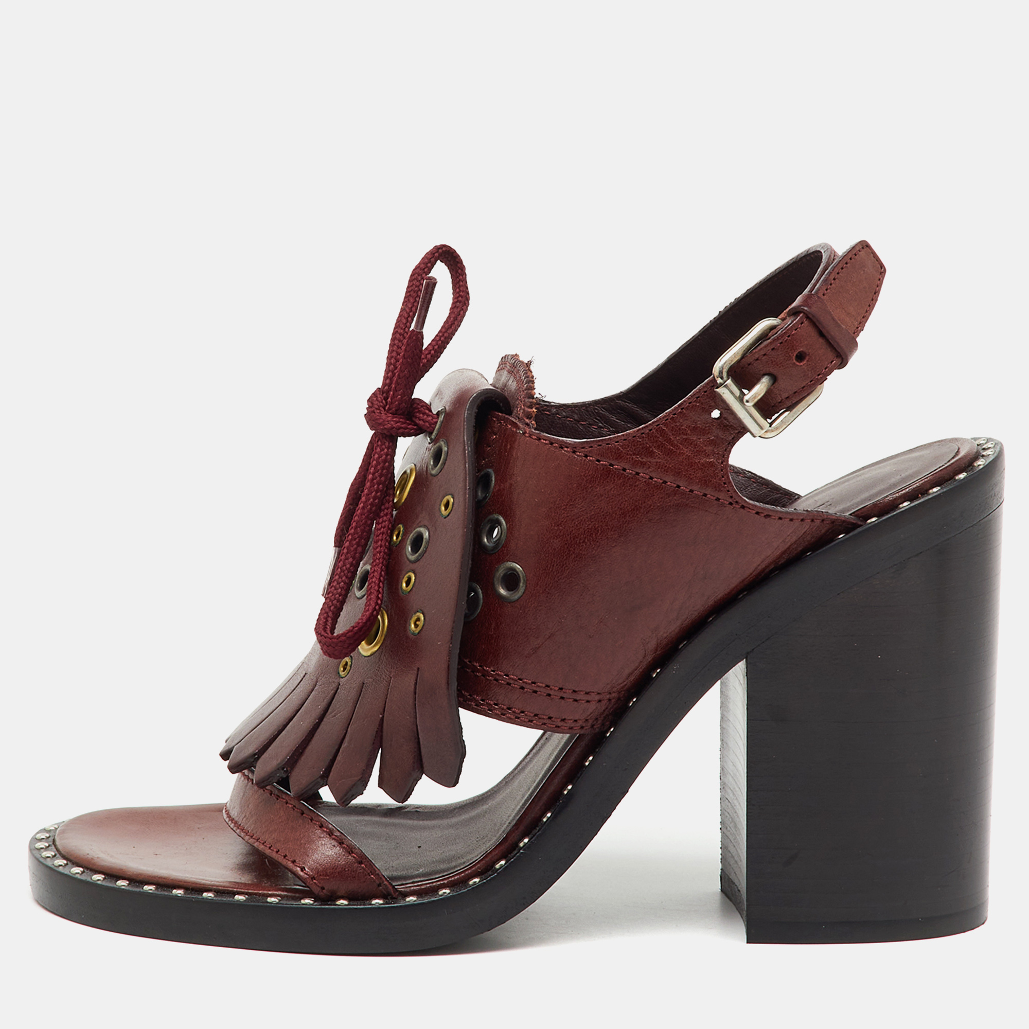 

Burberry Burgundy Leather Beverley Eyelet Fringe Detail Block Heel Sandals Size
