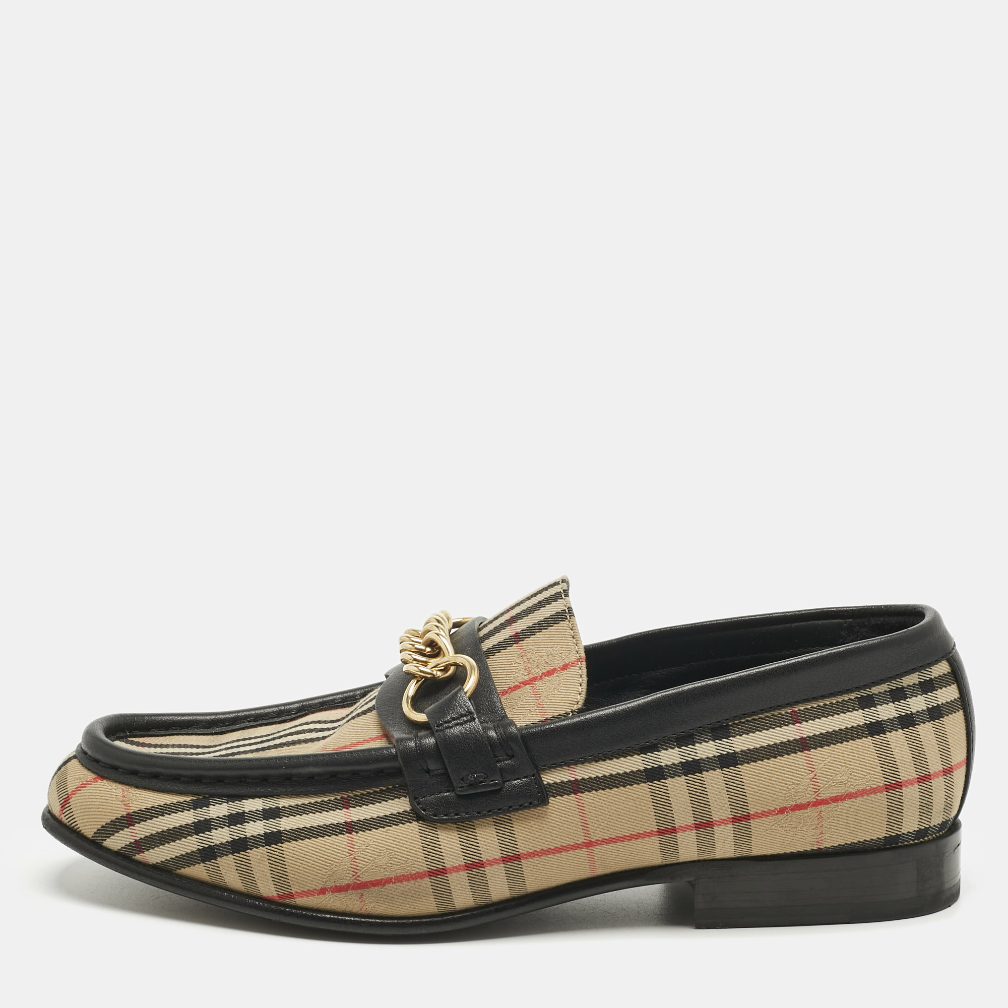 Pre-owned Burberry Beige/black Nova Check Canvas And Leather Moorley Chain Loafers Size 37 In Sand