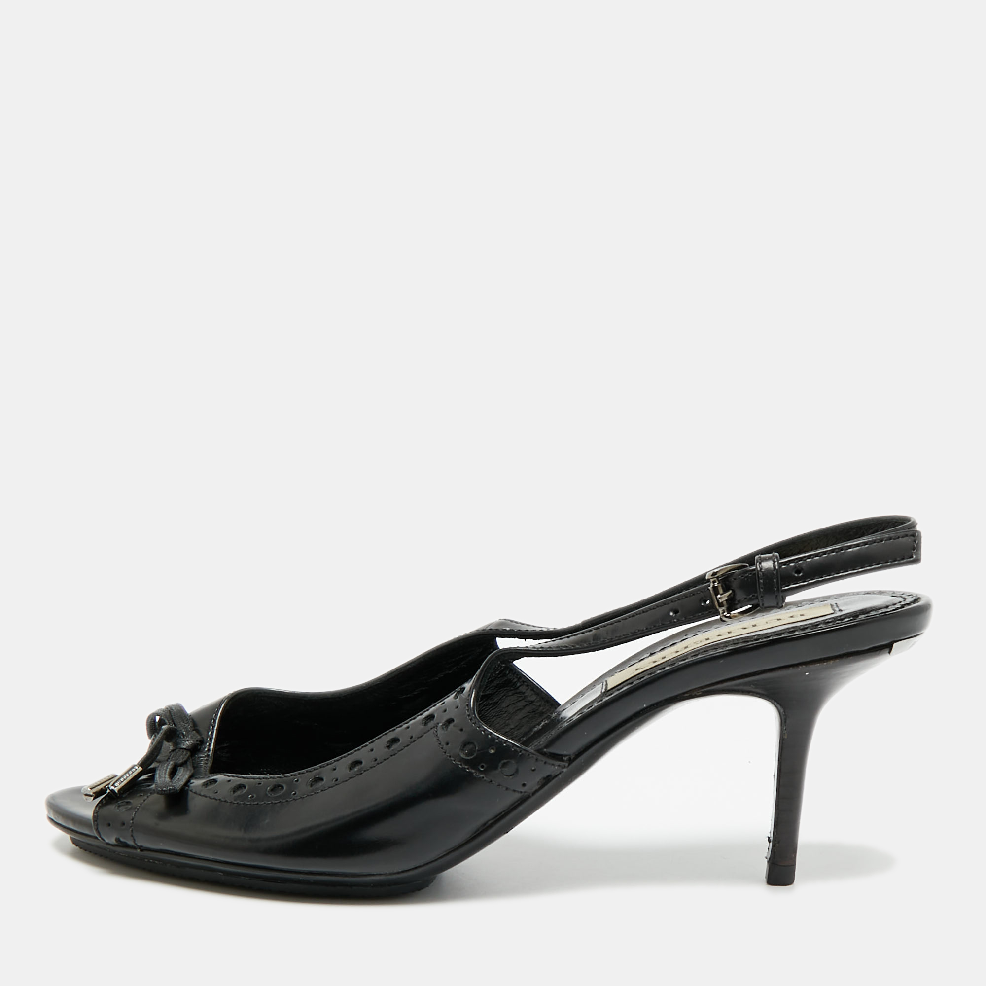 

Burberry Black Leather Brogue Bow Open Toe Slingback Sandals Size