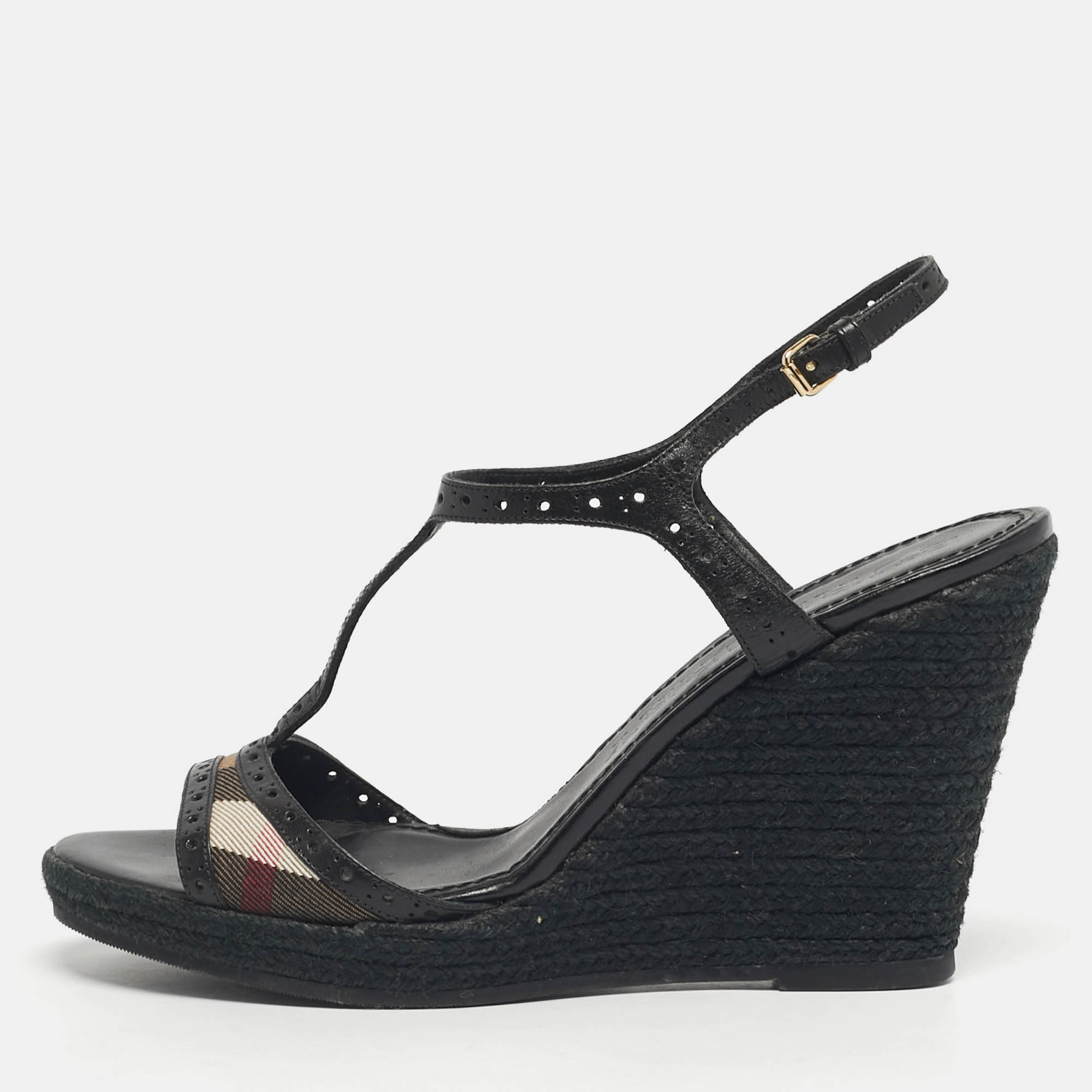 Pre-owned Burberry Beige/black Check Leather And Canvas Espadrille Wedge Sandals Size 41