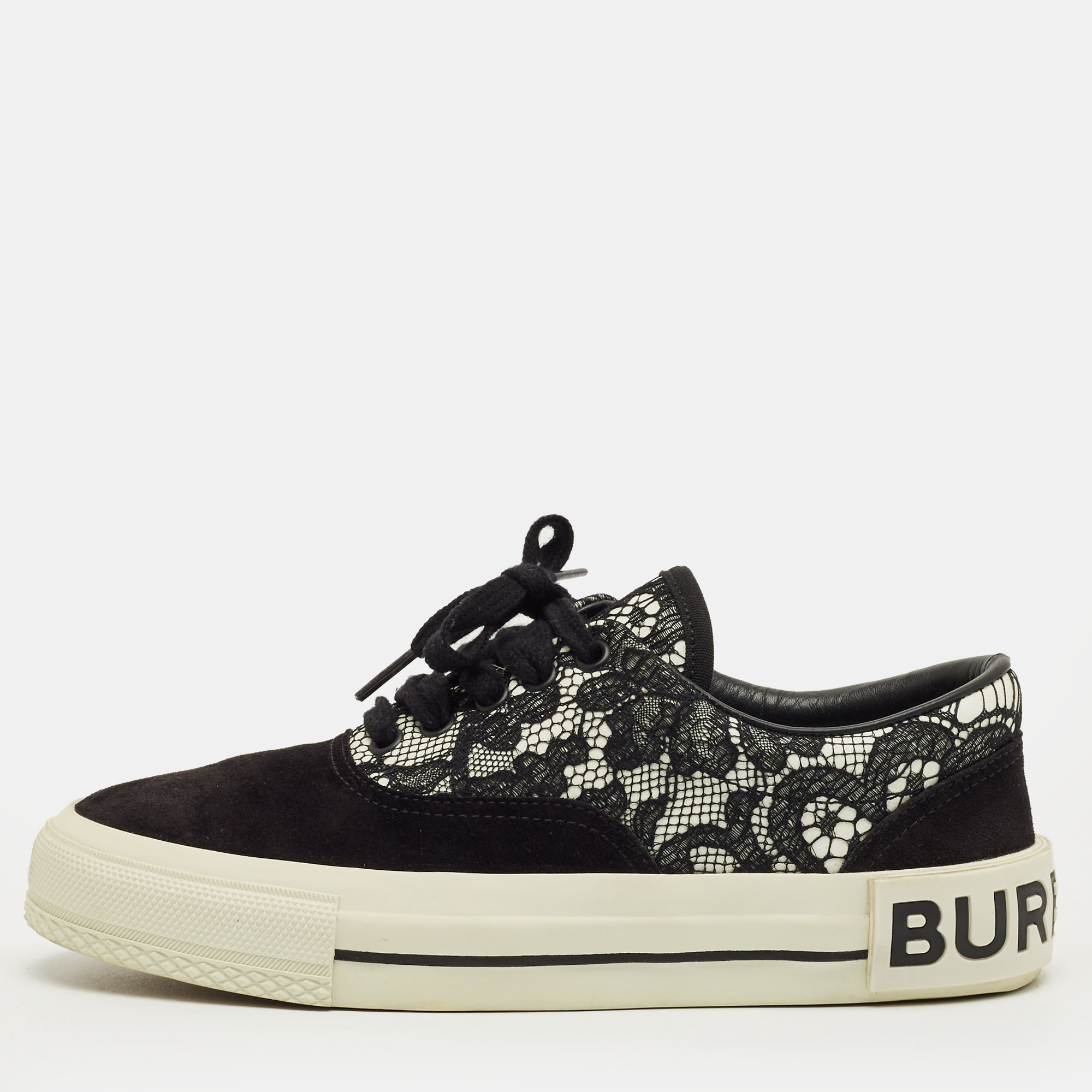 Pre-owned Burberry Black/white Lace And Suede Skate Sneakers Size 36.5