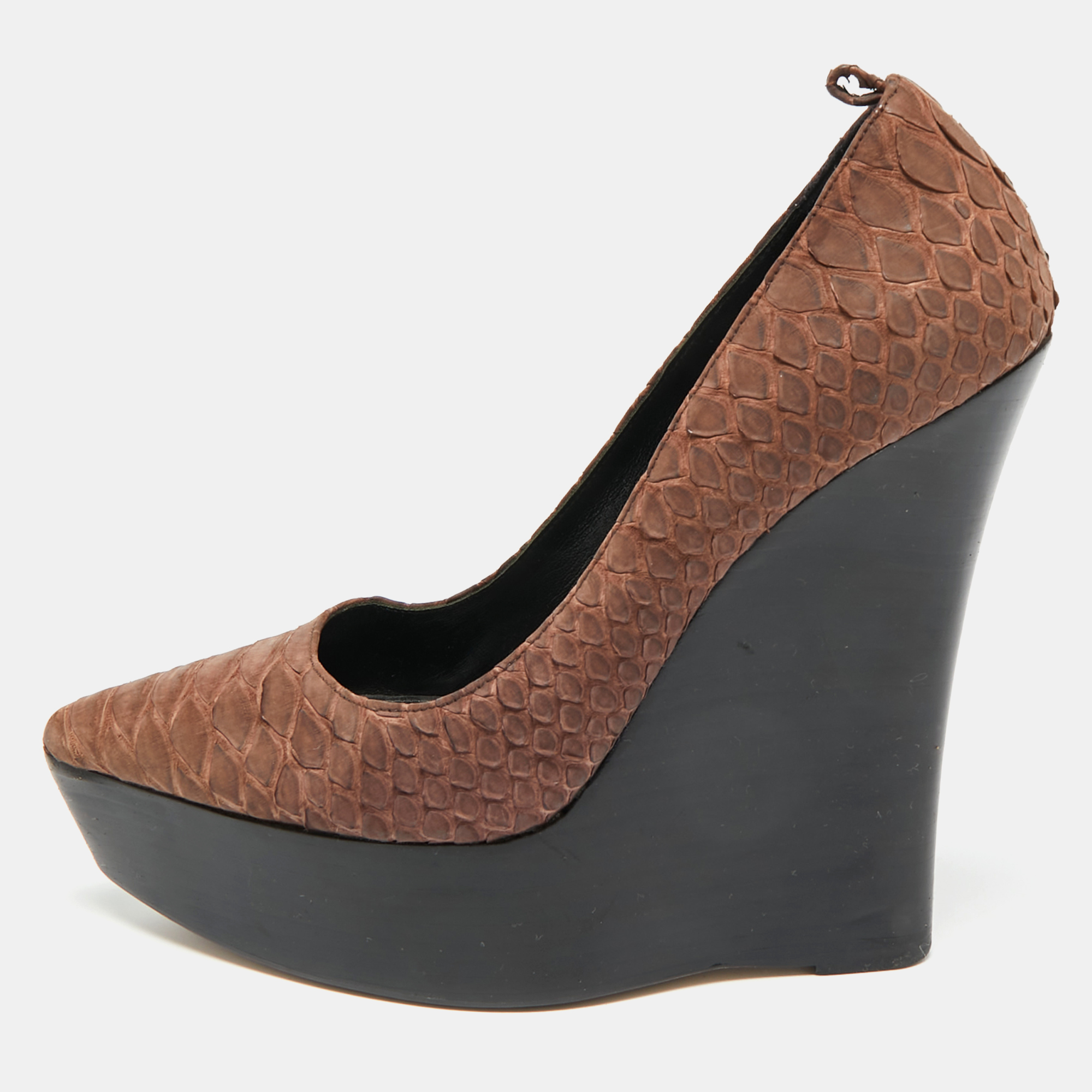 Pre-owned Burberry Size 39 Brown Python Leather Platform Wedge Pumps