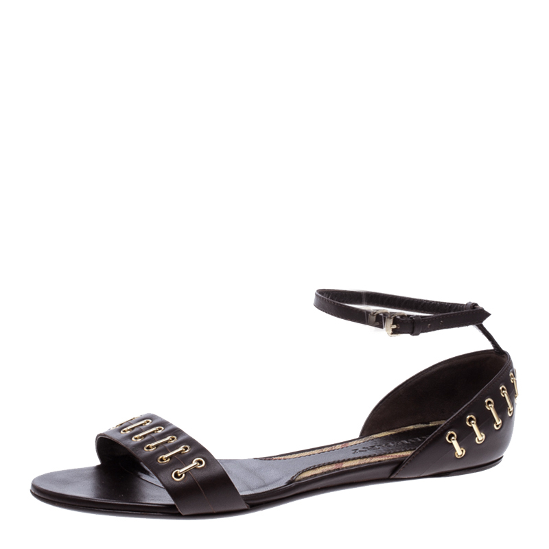 مملوكة مسبقًا Burberry Brown Leather Ankle Strap Open Toe Flat Sandals Size 38