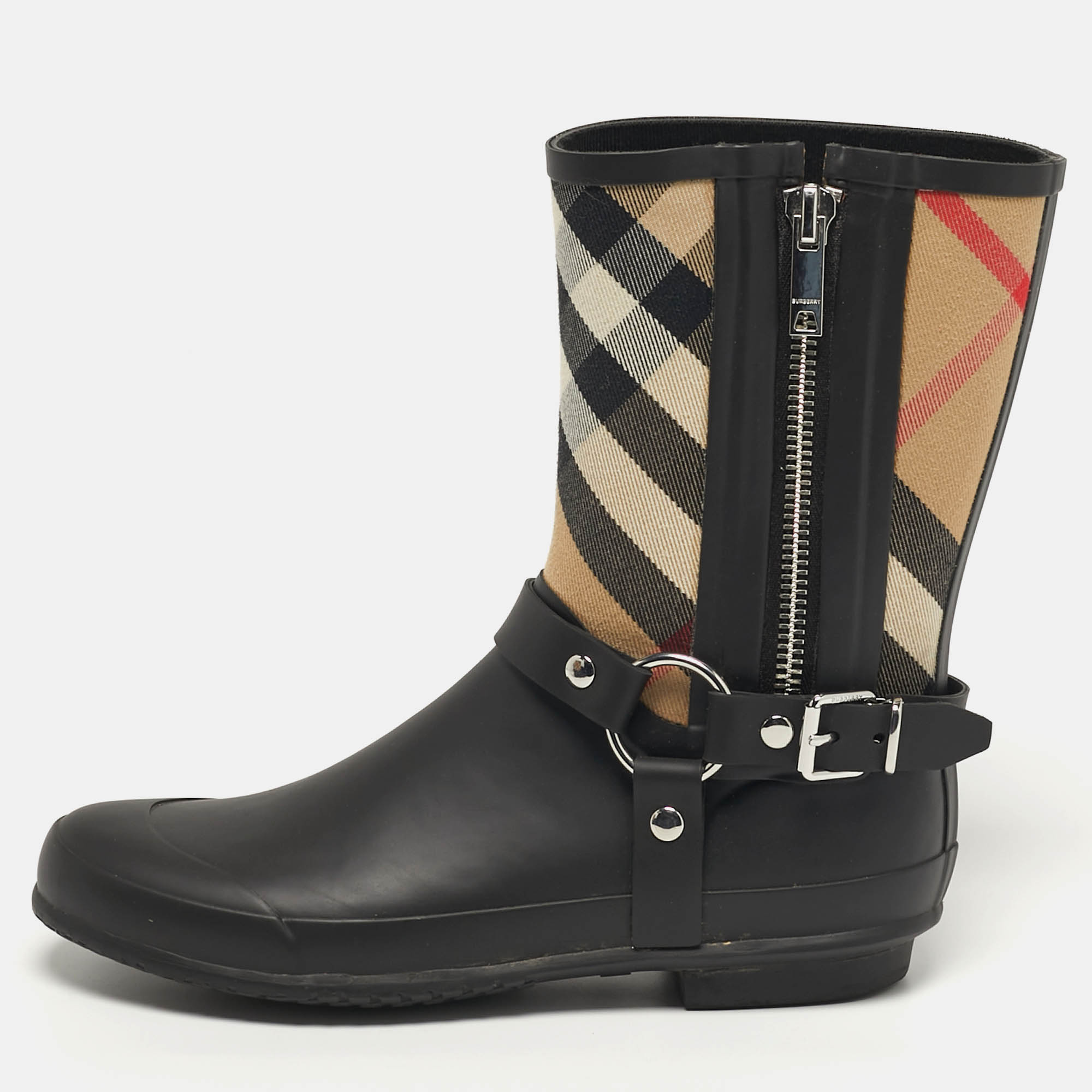 

Burberry Check Size  Black Leather and Rubber Rain Boots