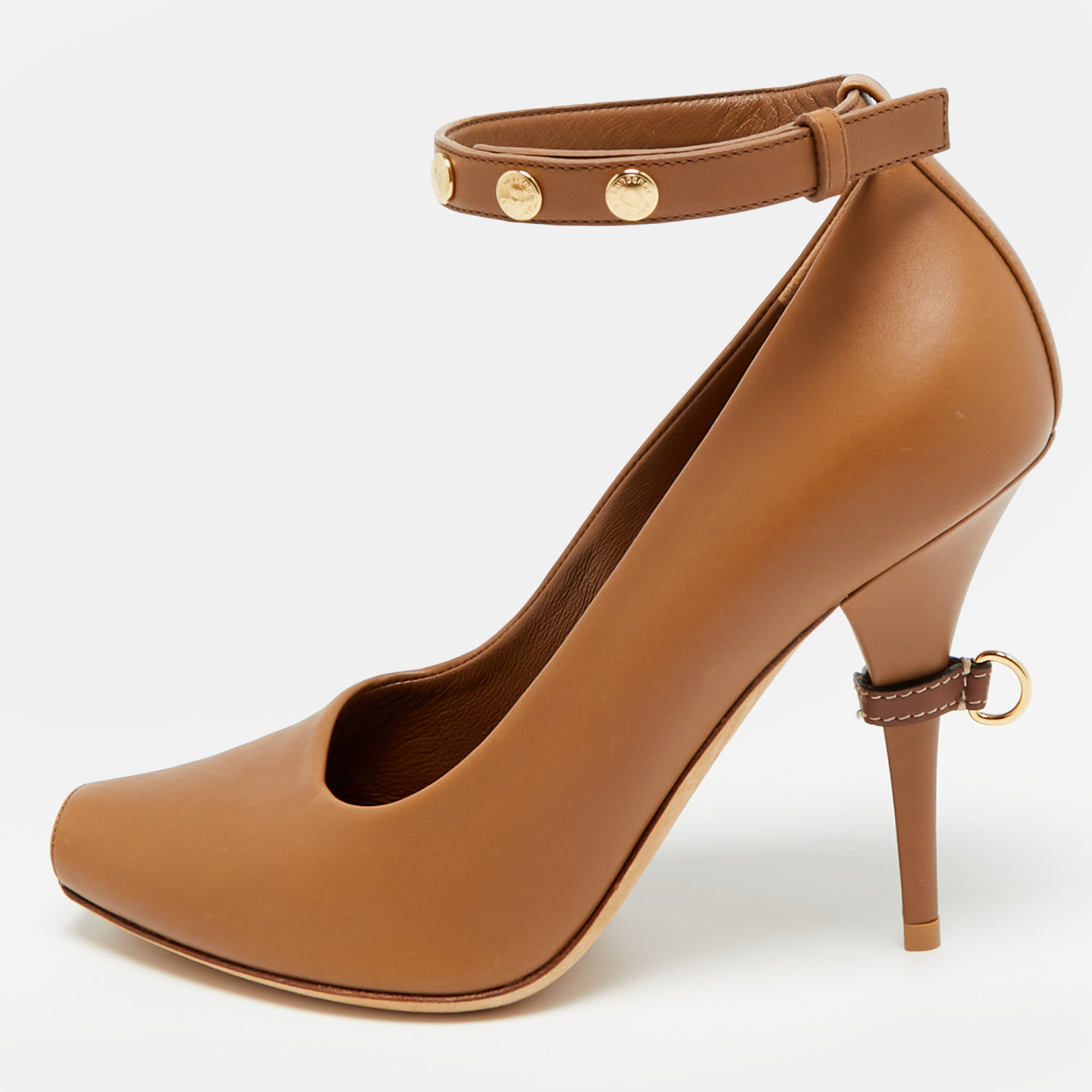 

Burberry D-Ring Size  Brown Leather Ankle Strap Peep Toe Pumps