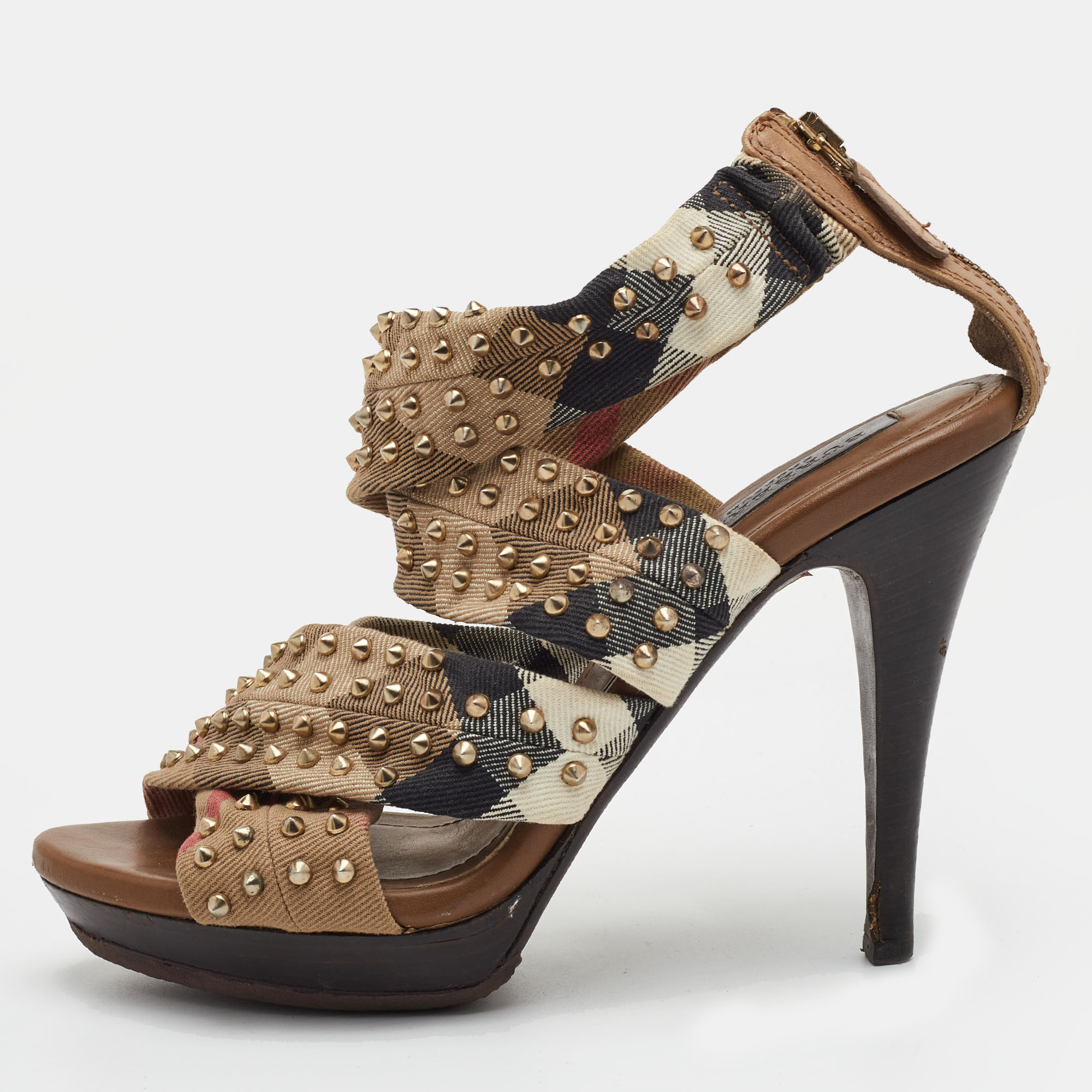 

Burberry Size  Multicolor Nova Check Canvas Spike Studded Platform Sandals
