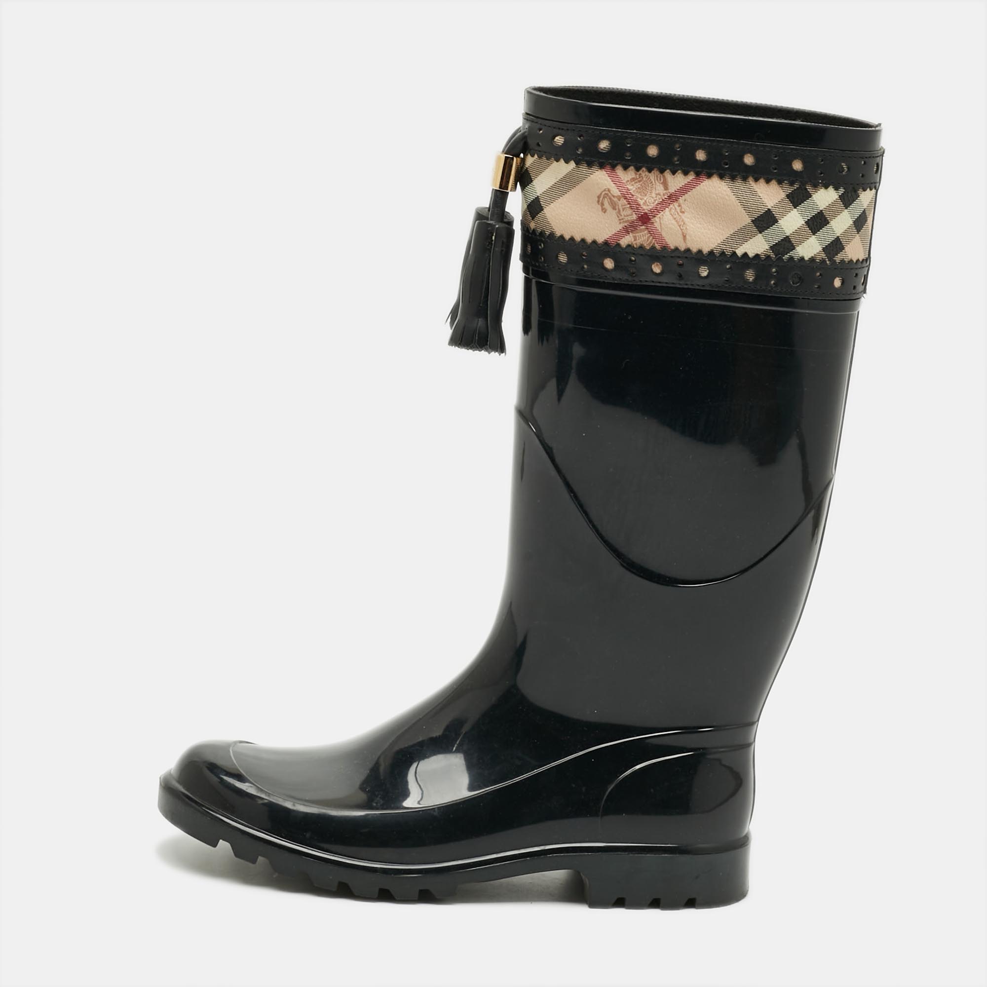 

Burberry Size  Black/Beige Canvas And Rubber Rain Boots