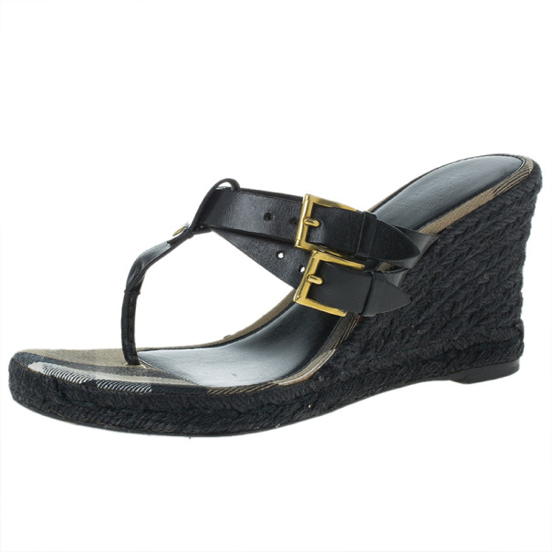 Burberry Black Leather Thong Espadrilles Wedges Size 38