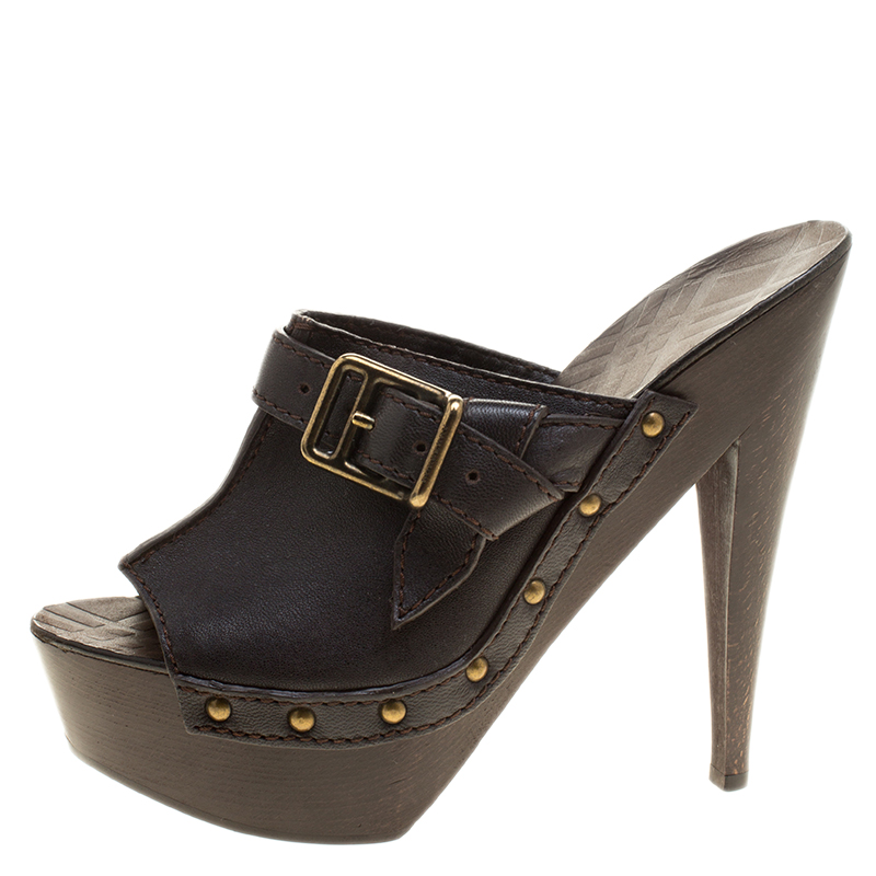 

Burberry Dark Brown Leather Wooden Platform Peep Toe Slides Size