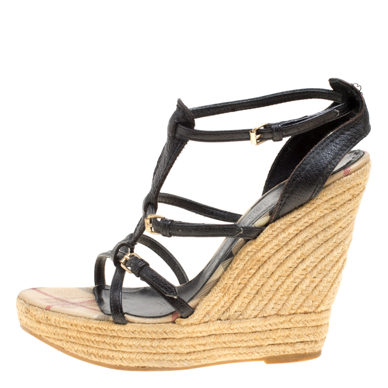 

Burberry Black Leather Espadrille Wedge Sandals Size