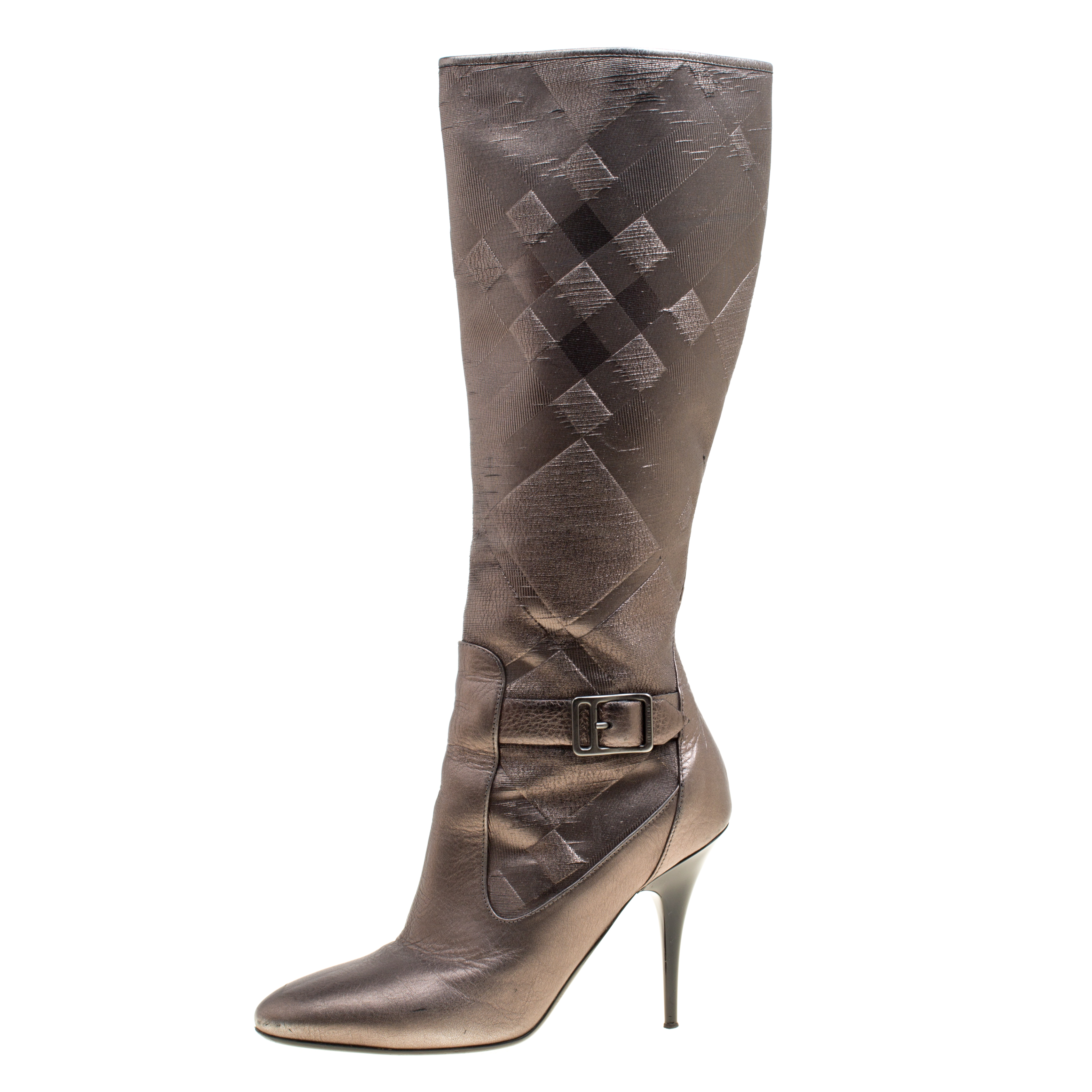 

Burberry Metallic Grey Textured Fabric and Leather Buckle Detail Calf Boots Size