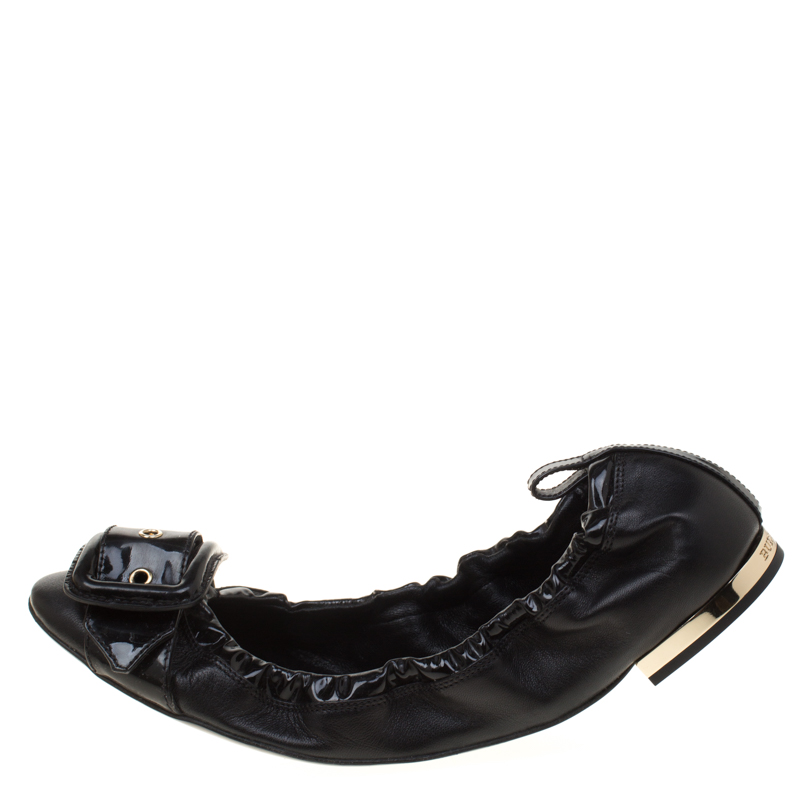 

Burberry Black Leather Bearley Buckle Detail Scrunch Ballet Flats Size