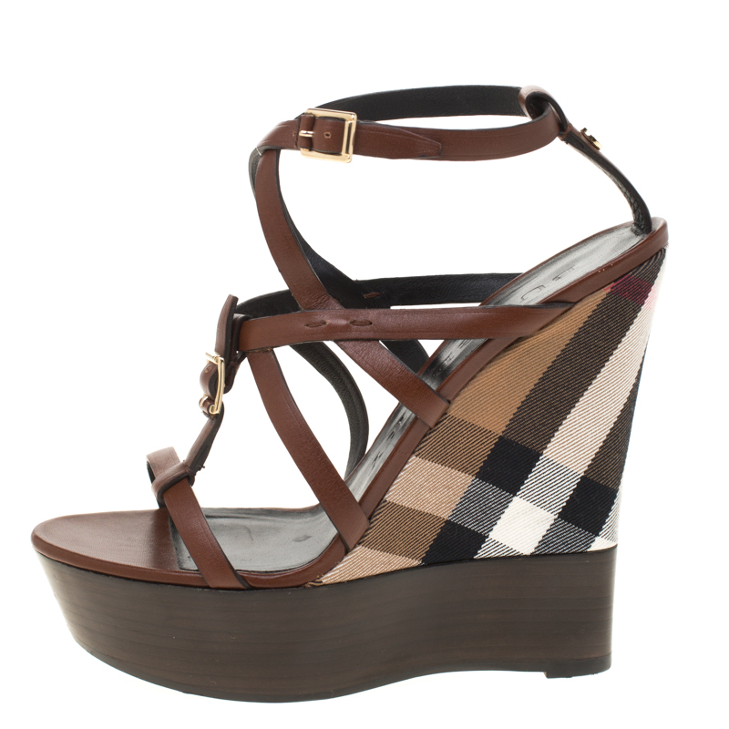 

Burberry Brown Leather Platform Ankle Strap Wedge Sandals Size