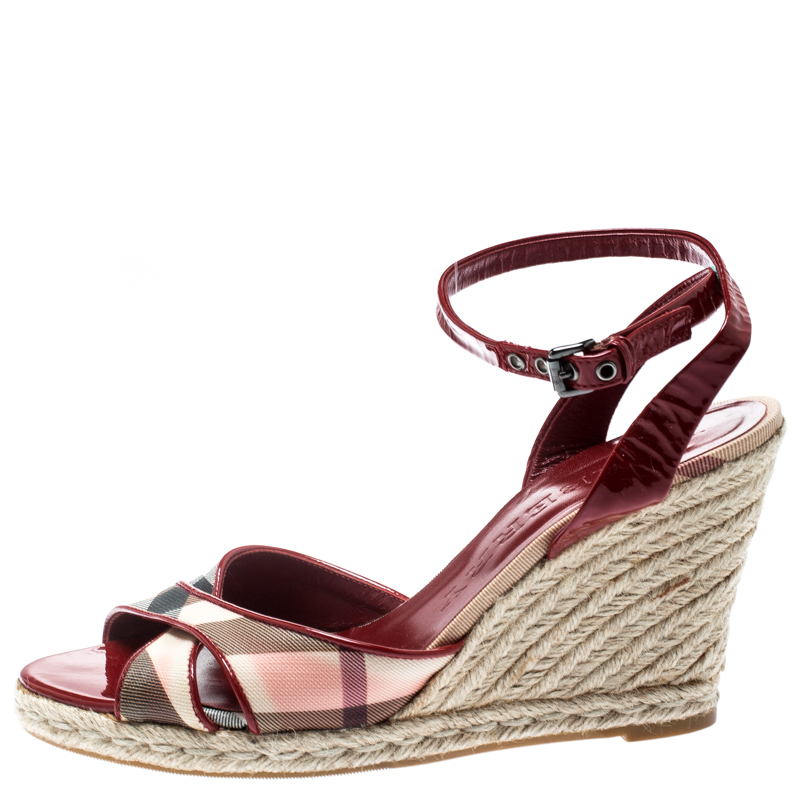 

Burberry Red Patent Leather And Novacheck Canvas Espadrille Wedge Sandals Size