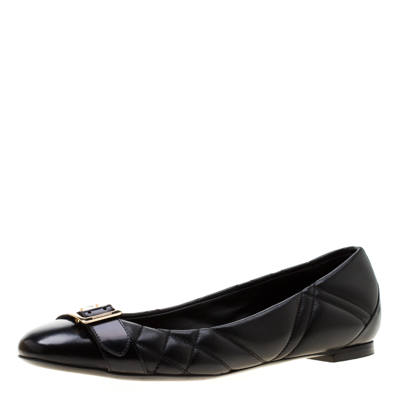 Burberry Black Quilted Leather Avon Buckle Detail Ballet Flats Size 37 ...