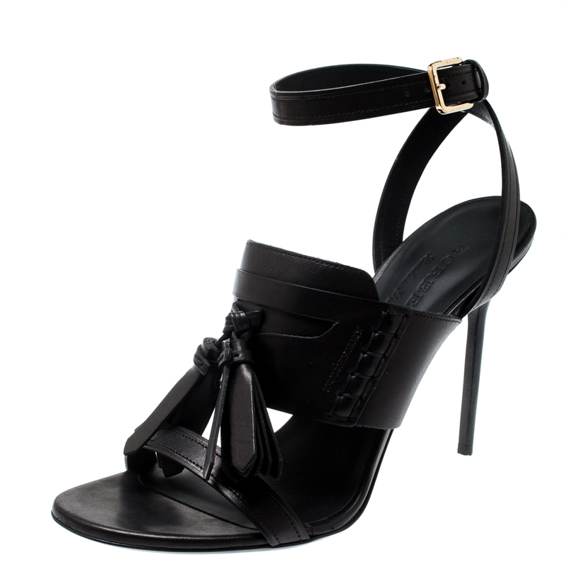 Pre Owned Burberry Black Leather Clarence Penny Keeper Tassel Strap Sandals Size 39