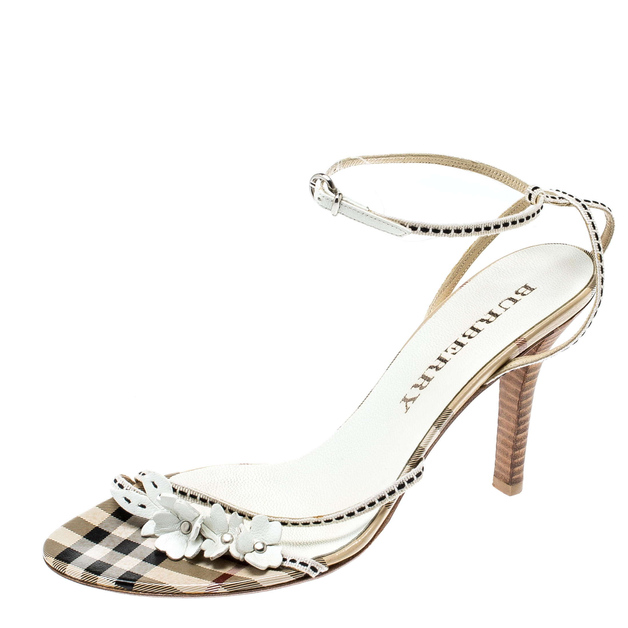 Burberry Cream/White Fabric And Leather Floral Motif Embellished Ankle Strap Open Toe Sandals Size 37