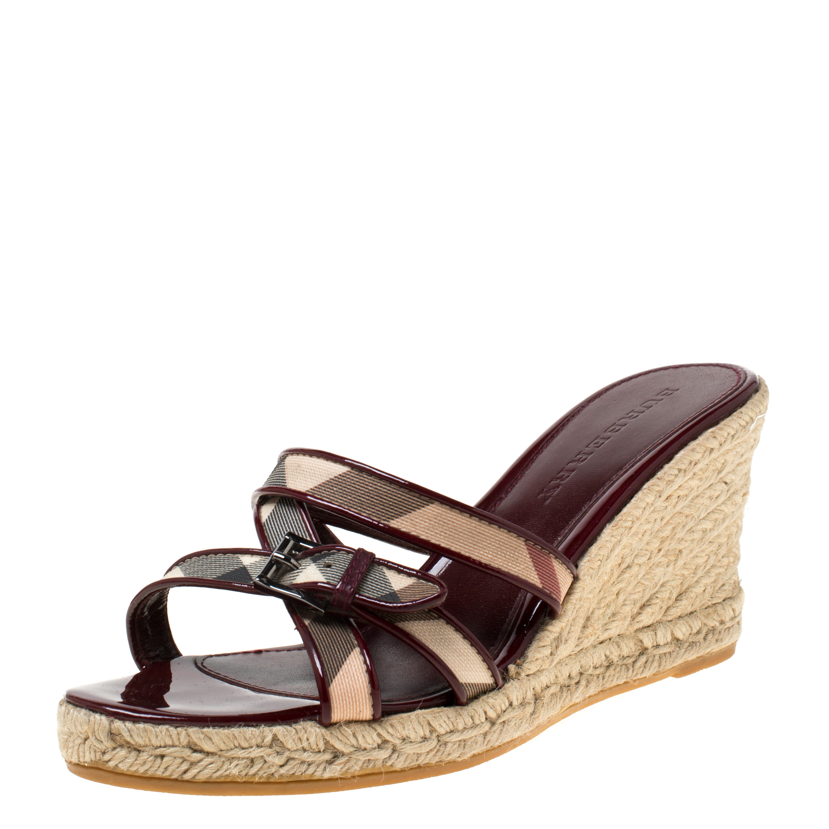 Burberry Burgundy Patent Leather And Nova Check Canvas Espadrille Wedge Sandals Size 40