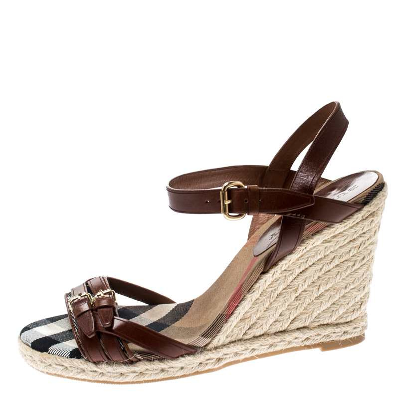 

Burberry Brown Belted Leather Espadrille Wedges Sandals Size