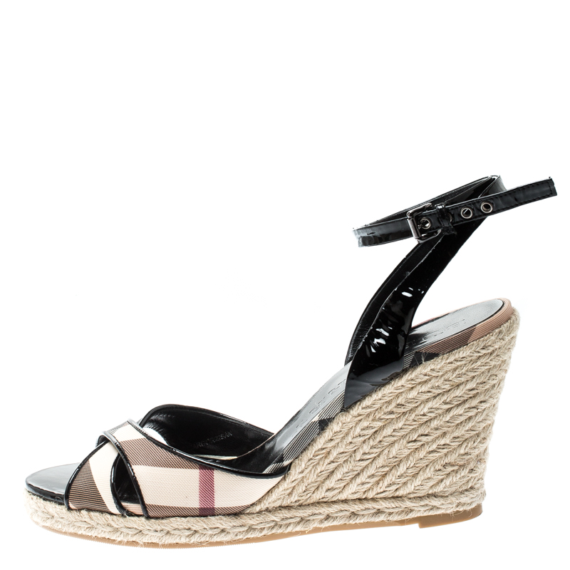 

Burberry Black Nova Check Patent Leather and PVC Ankle Strap Espadrille Wedges Size